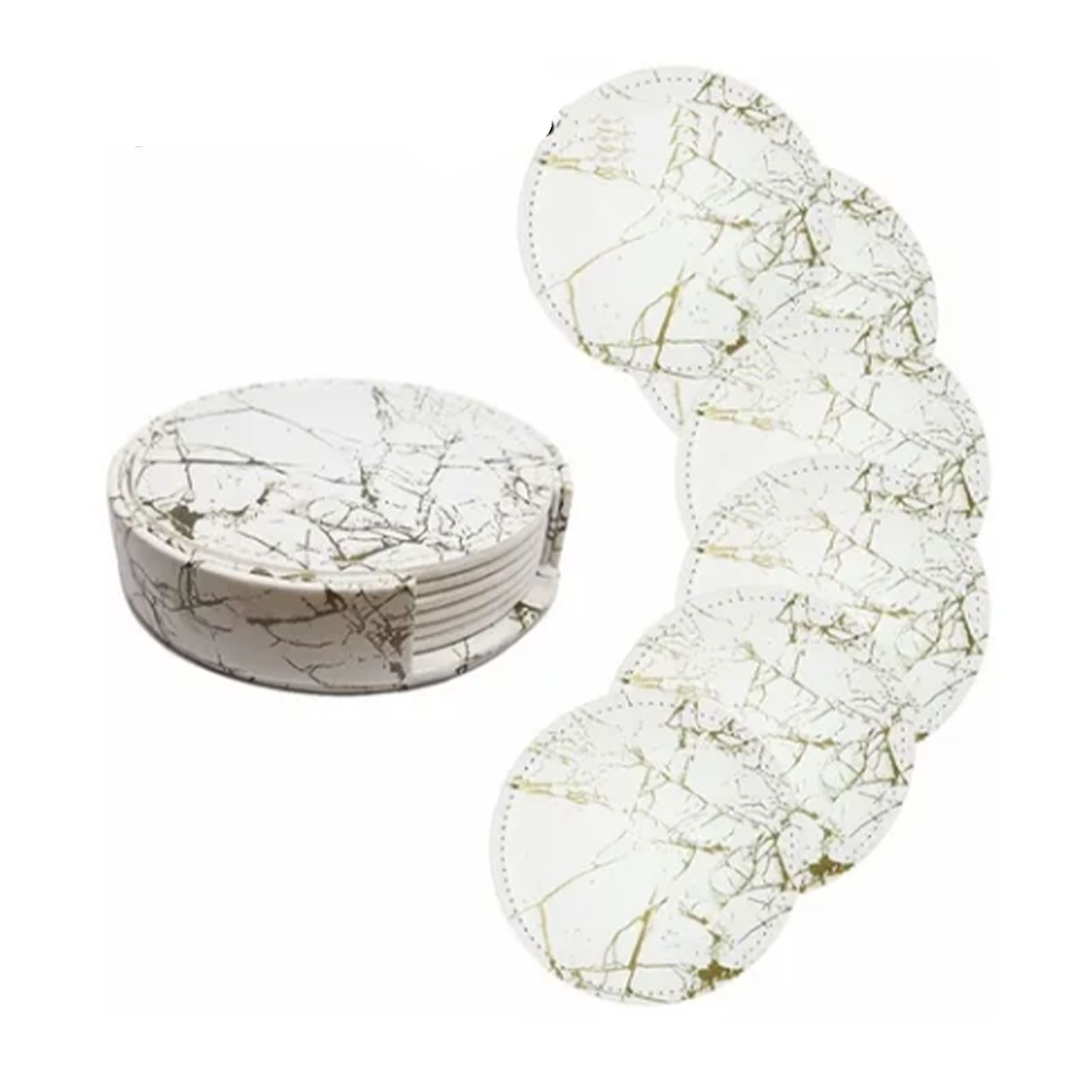 7PCS Drink Coaster Reversible Leather Round Platinum Marble Appearance 10cm Cup Mat for Home - Image 1