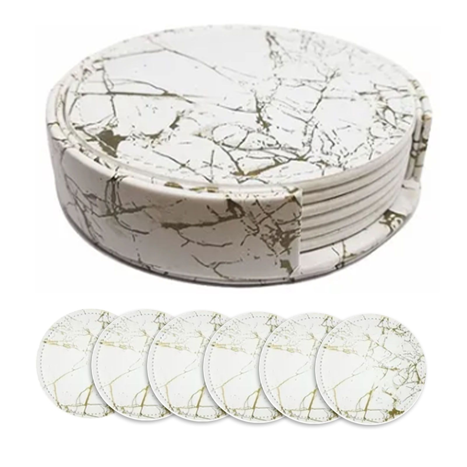 7PCS Drink Coaster Reversible Leather Round Platinum Marble Appearance 10cm Cup Mat for Home - Image 2