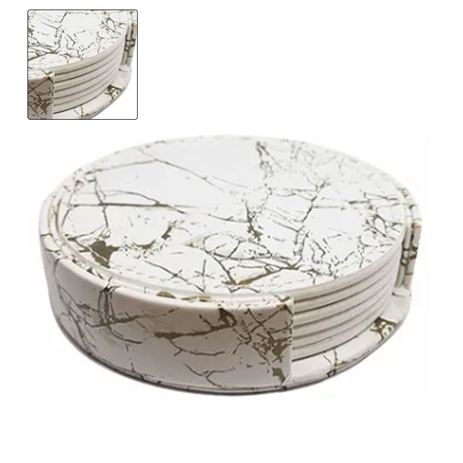 7PCS Drink Coaster Reversible Leather Round Platinum Marble Appearance 10cm Cup Mat for Home - Image 4