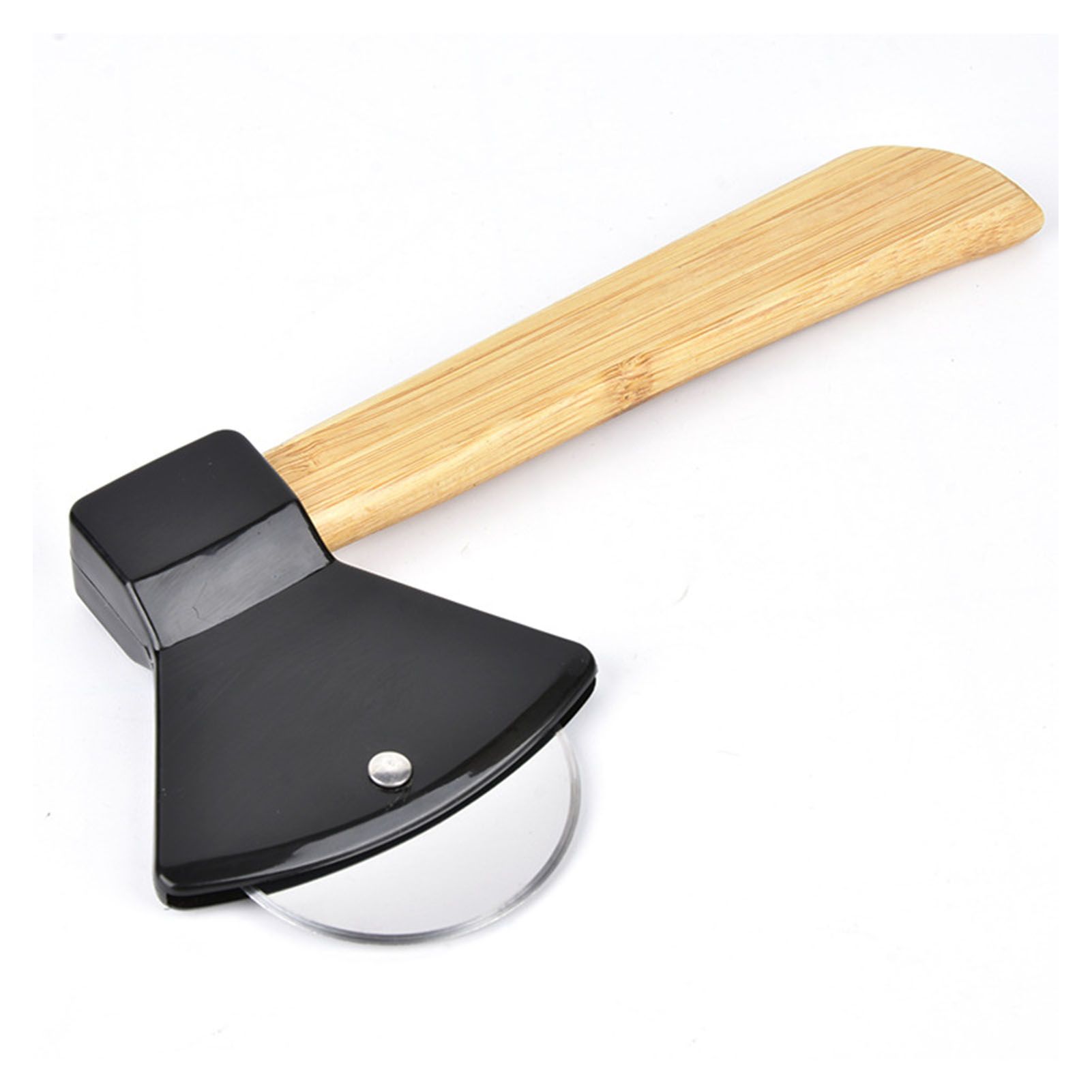 Pizza Knife 430 Steel PP Bamboo Handle Ergonomically Round Axe Pizza Cutter for Home Restaurants Black - Image 1