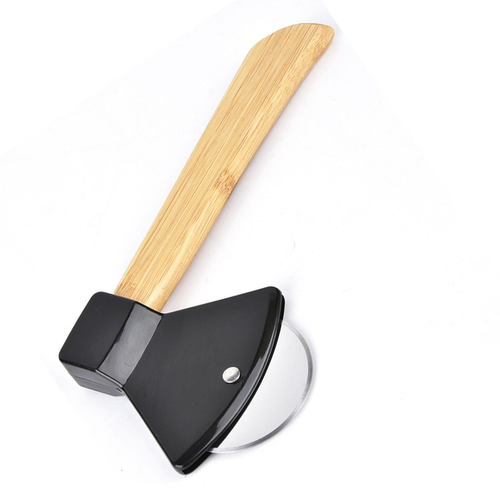 Pizza Knife 430 Steel PP Bamboo Handle Ergonomically Round Axe Pizza Cutter for Home Restaurants Black - Image 2