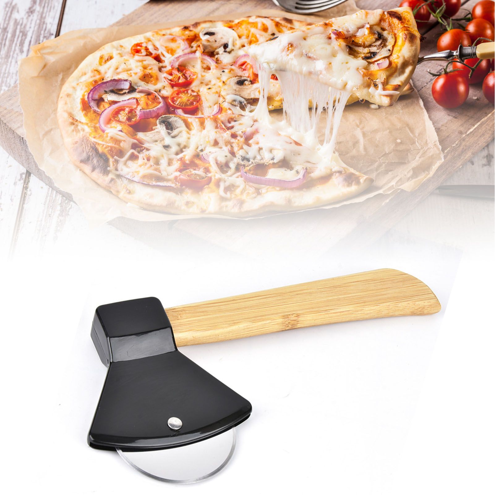 Pizza Knife 430 Steel PP Bamboo Handle Ergonomically Round Axe Pizza Cutter for Home Restaurants Black - Image 6