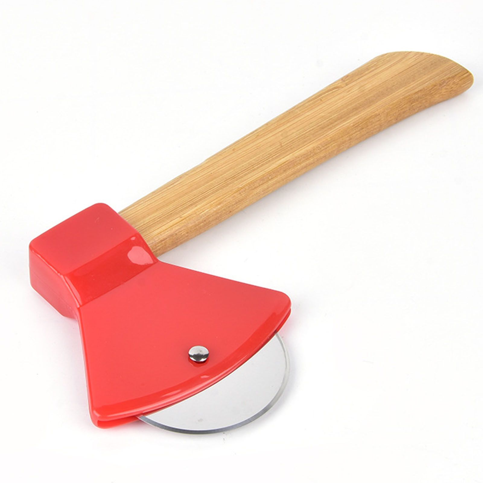 Pizza Knife 430 Steel PP Bamboo Handle Ergonomically Round Axe Pizza Cutter for Home Restaurants Red - Image 1