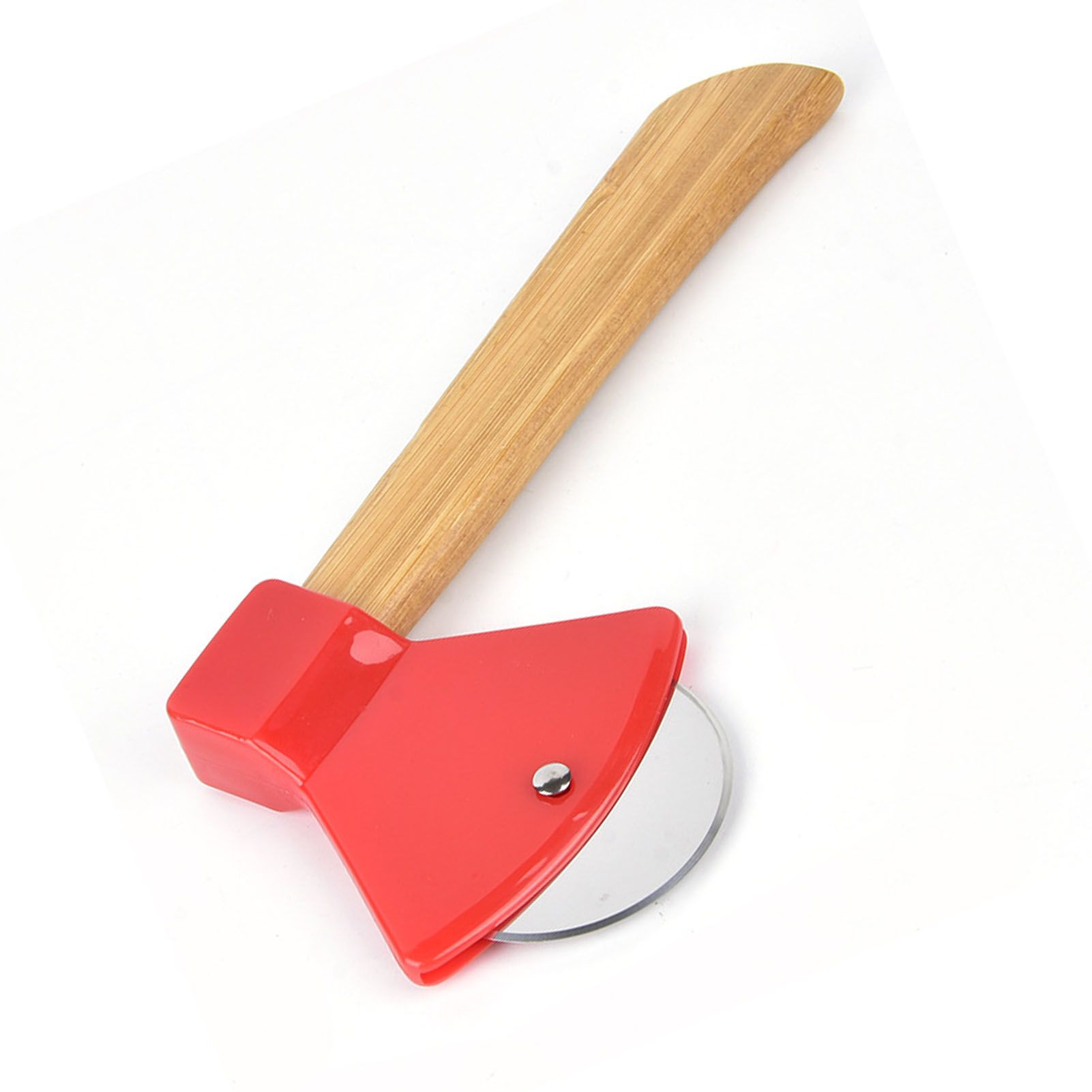 Pizza Knife 430 Steel PP Bamboo Handle Ergonomically Round Axe Pizza Cutter for Home Restaurants Red - Image 2