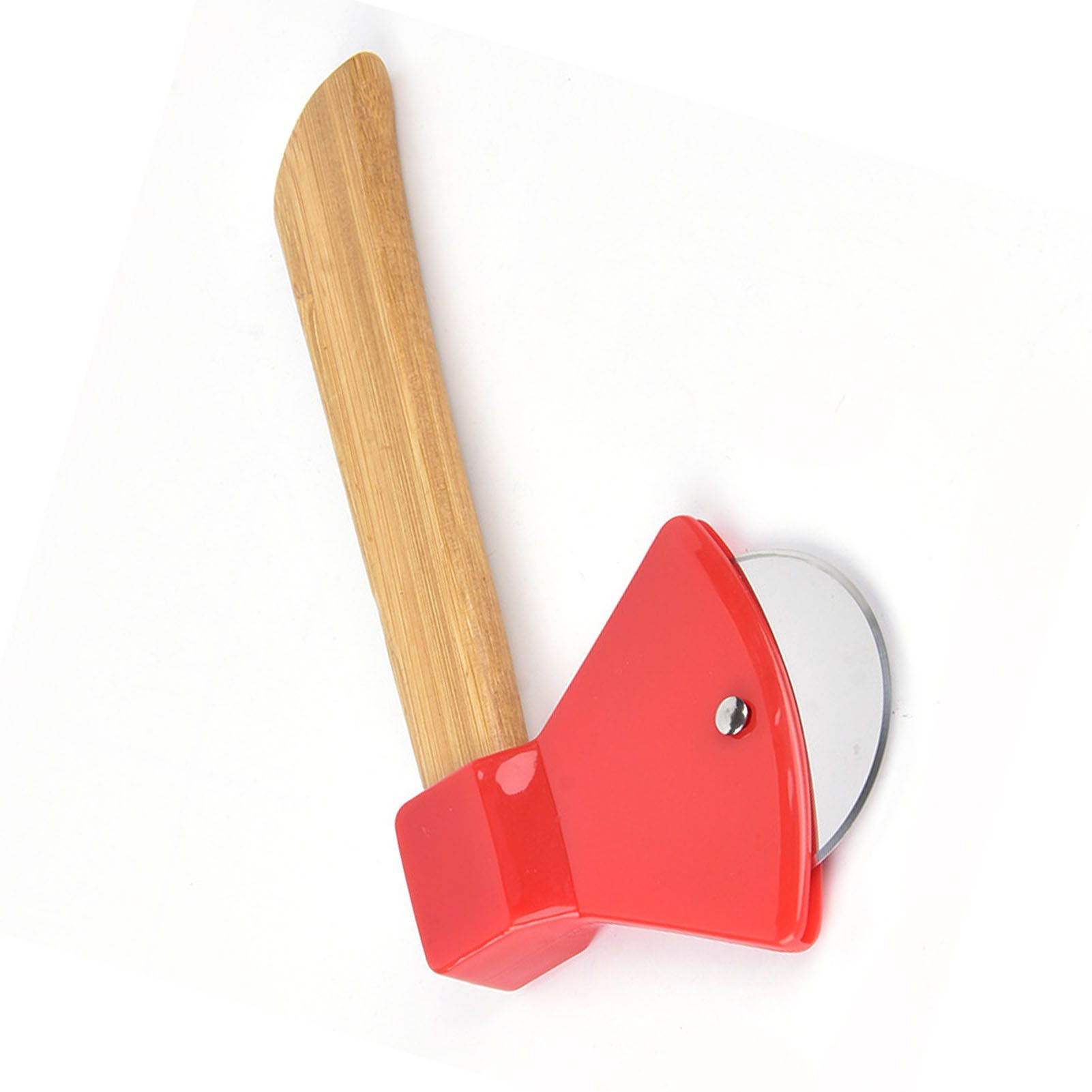 Pizza Knife 430 Steel PP Bamboo Handle Ergonomically Round Axe Pizza Cutter for Home Restaurants Red - Image 3