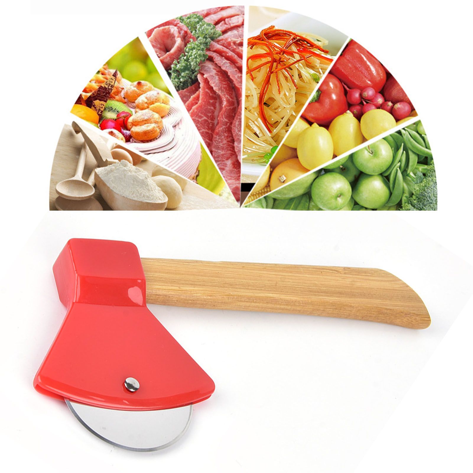 Pizza Knife 430 Steel PP Bamboo Handle Ergonomically Round Axe Pizza Cutter for Home Restaurants Red - Image 5
