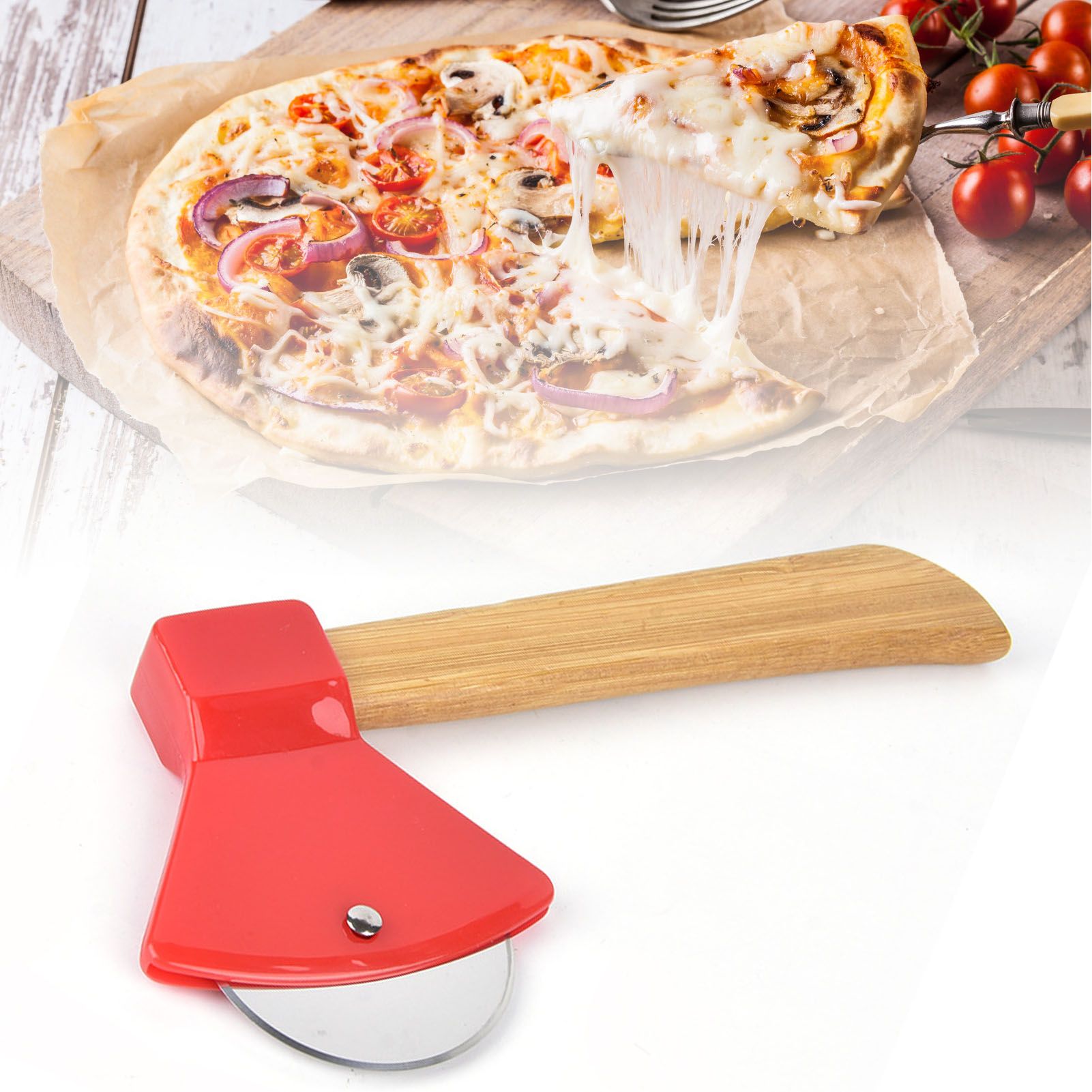 Pizza Knife 430 Steel PP Bamboo Handle Ergonomically Round Axe Pizza Cutter for Home Restaurants Red - Image 6