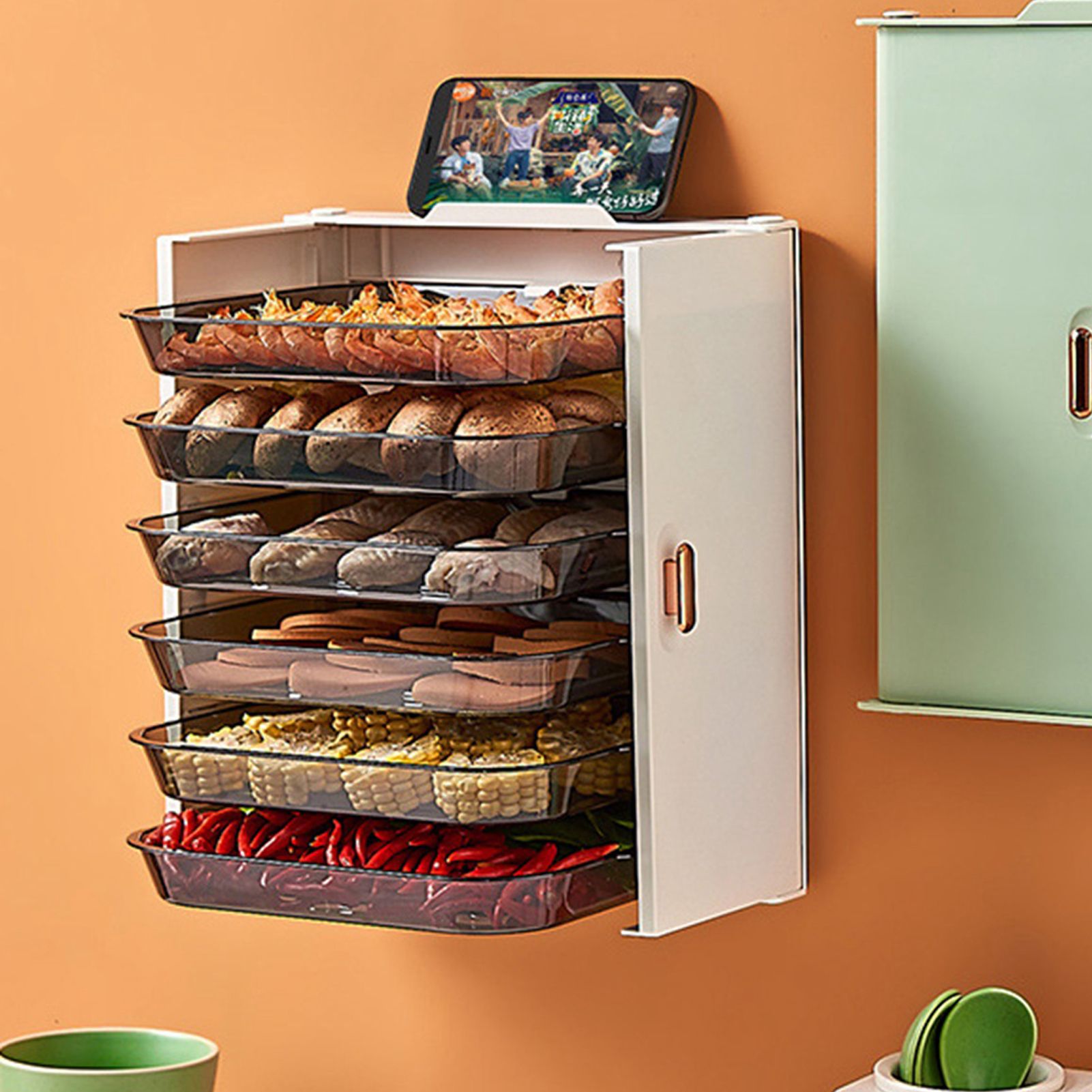 Kitchen Side Dishes Punch Free Foldable PET 6 Layers Wall Mounted Organization Rack Cooking Plates Storage Shelf Pearl White - Image 4