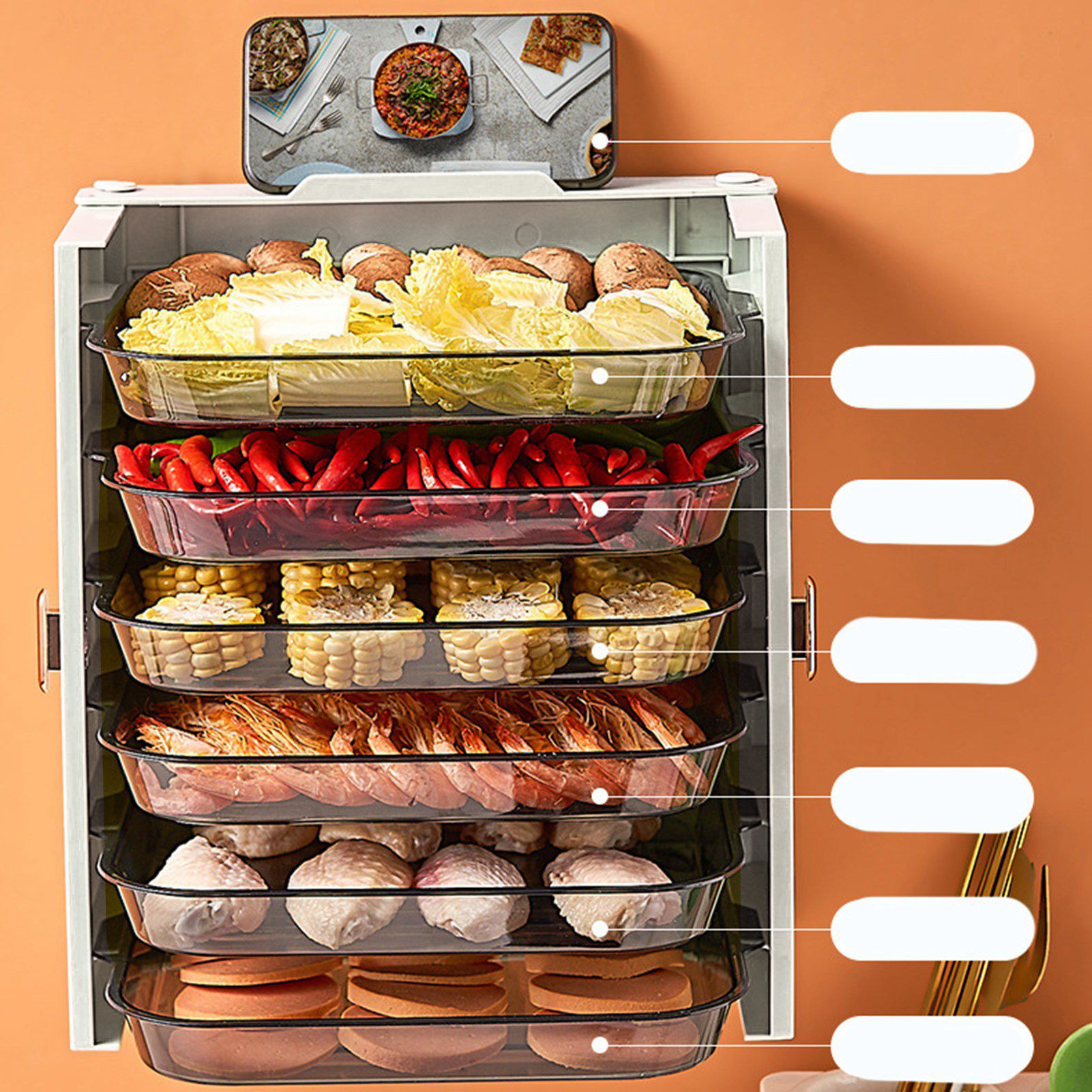 Kitchen Side Dishes Punch Free Foldable PET 6 Layers Wall Mounted Organization Rack Cooking Plates Storage Shelf Pearl White - Image 6