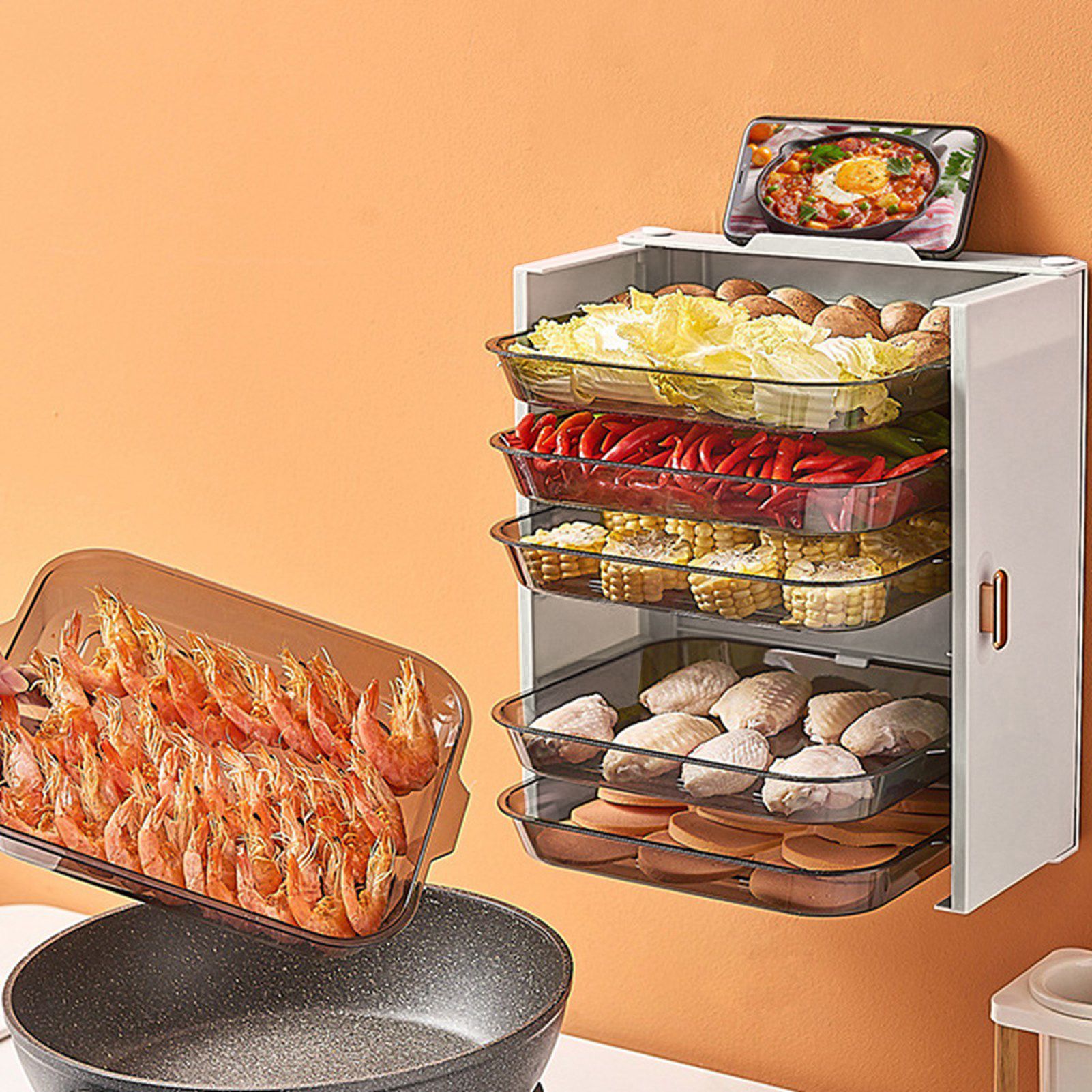 Kitchen Side Dishes Punch Free Foldable PET 6 Layers Wall Mounted Organization Rack Cooking Plates Storage Shelf Pearl White - Image 7