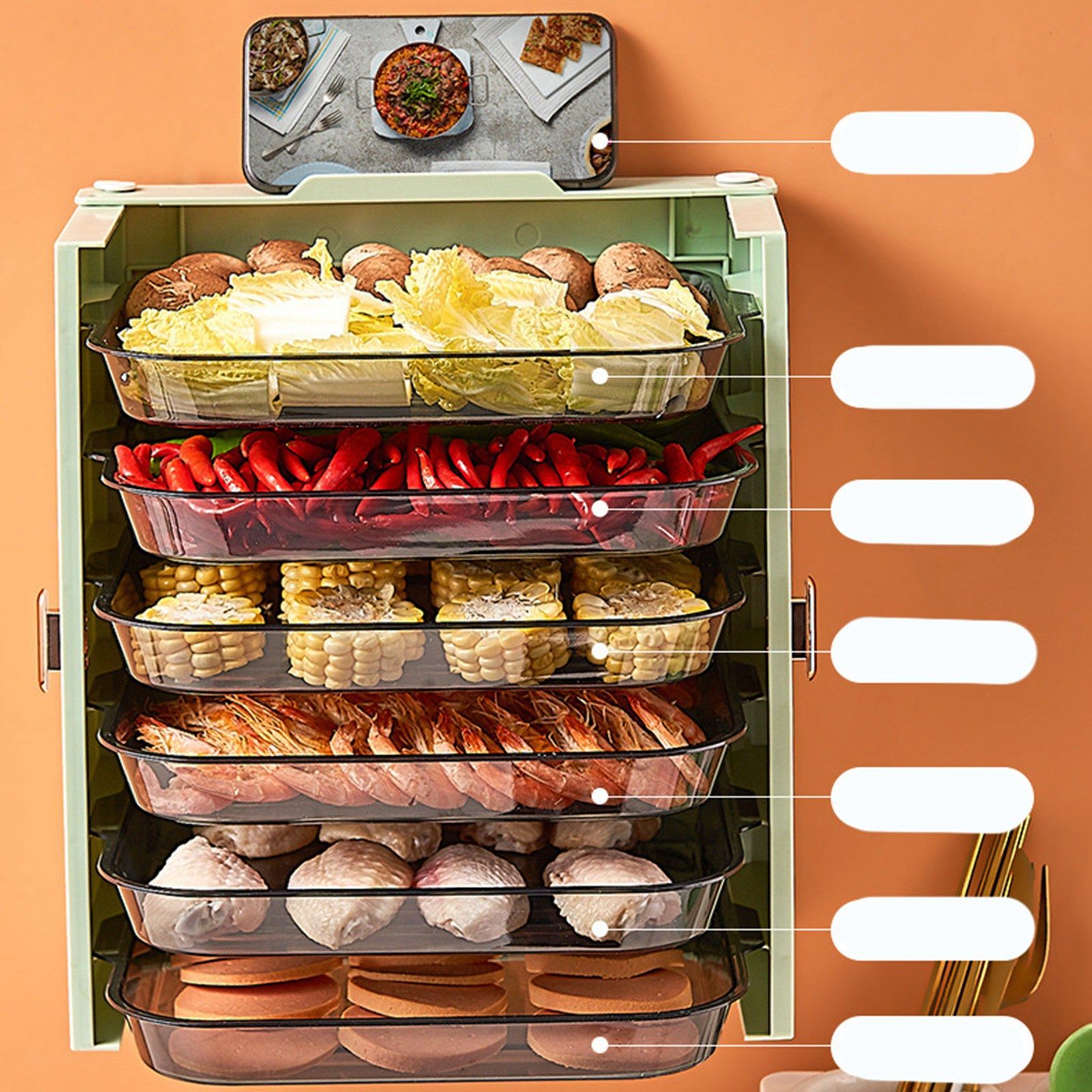 Kitchen Side Dishes Punch Free Foldable PET 6 Layers Wall Mounted Organization Rack Cooking Plates Storage Shelf Light Shirt Green - Image 6