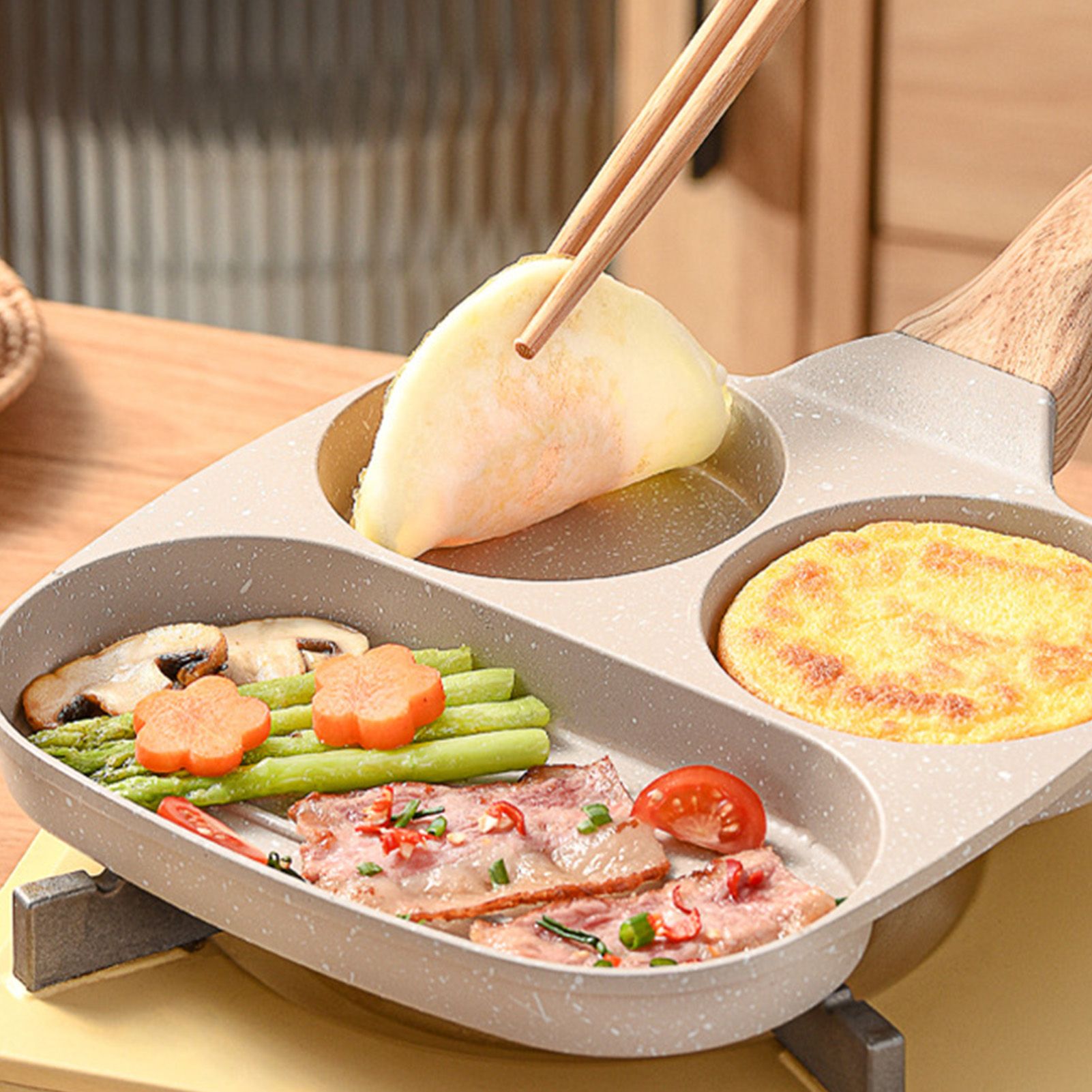 3 in 1 Breakfast Pan Nonstick Aluminum Alloy Labor Saving Pancake Frying Pan for Egg Bacon Gas Stove - Image 5