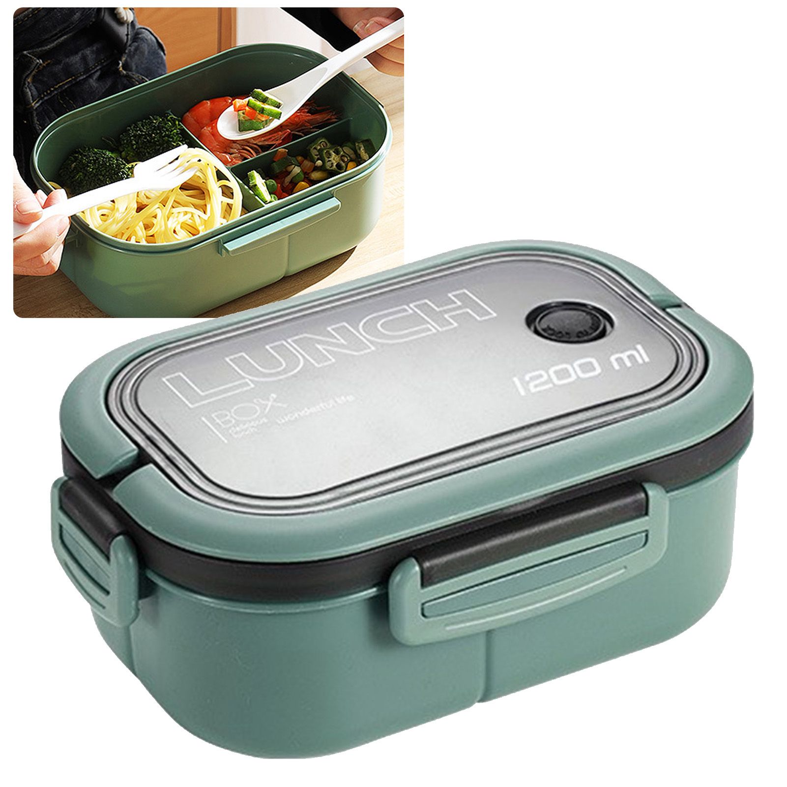 1200ml Bento Lunch Box Double Layer Insulation Lunch Box Container with Fork Spoon for Students Office Workers Green - Image 3