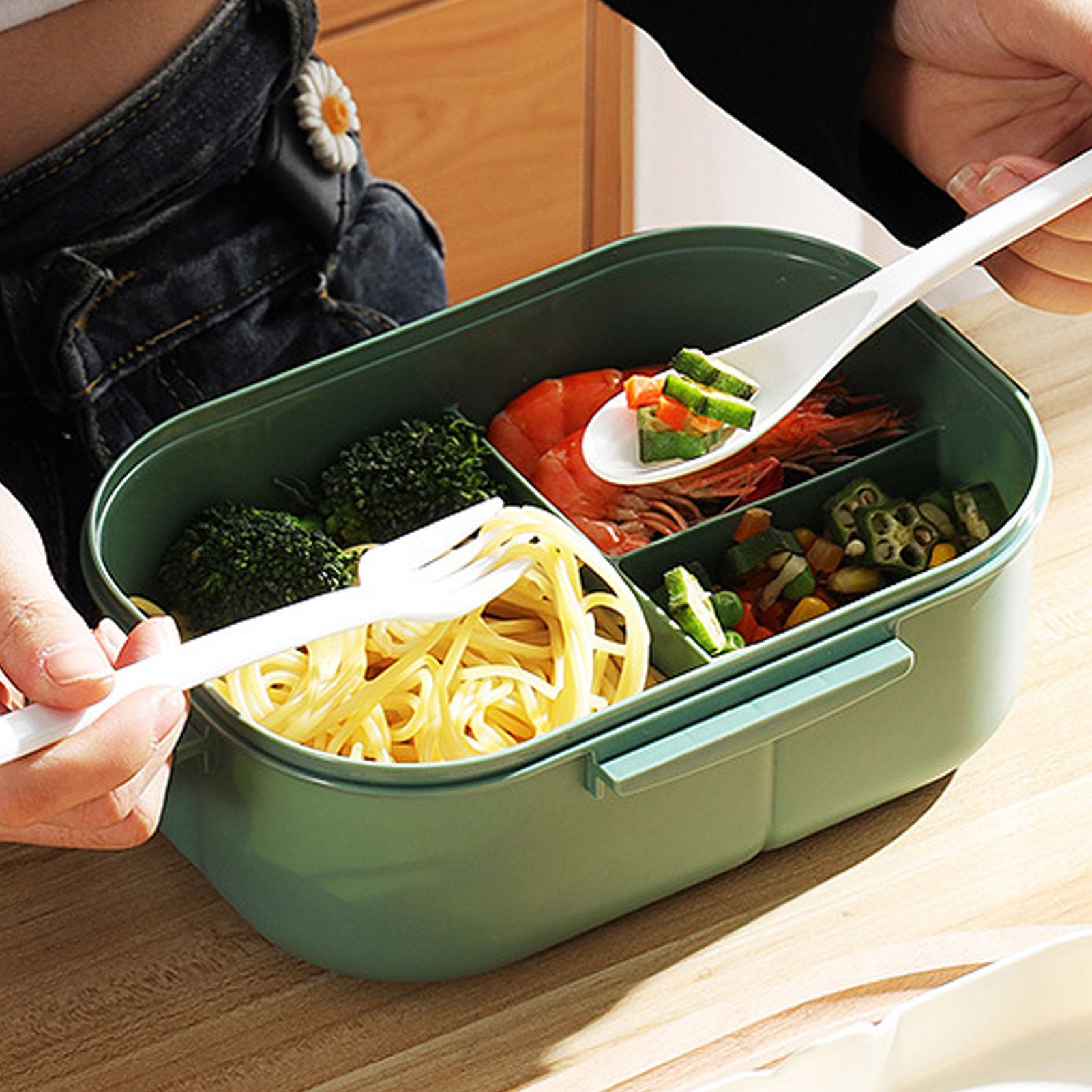 1200ml Bento Lunch Box Double Layer Insulation Lunch Box Container with Fork Spoon for Students Office Workers Green - Image 5