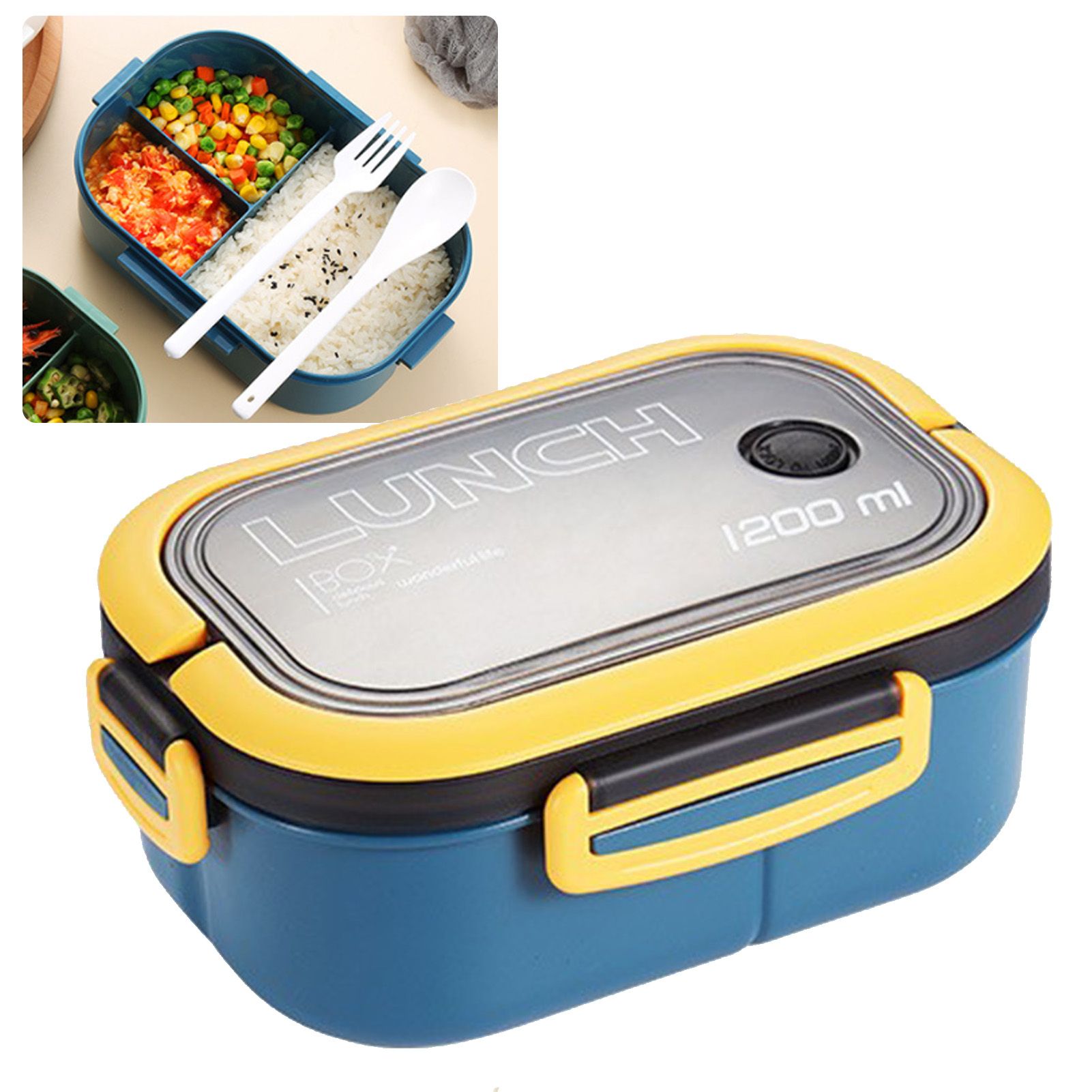 1200ml Bento Lunch Box Double Layer Insulation Lunch Box Container with Fork Spoon for Students Office Workers Blue - Image 3