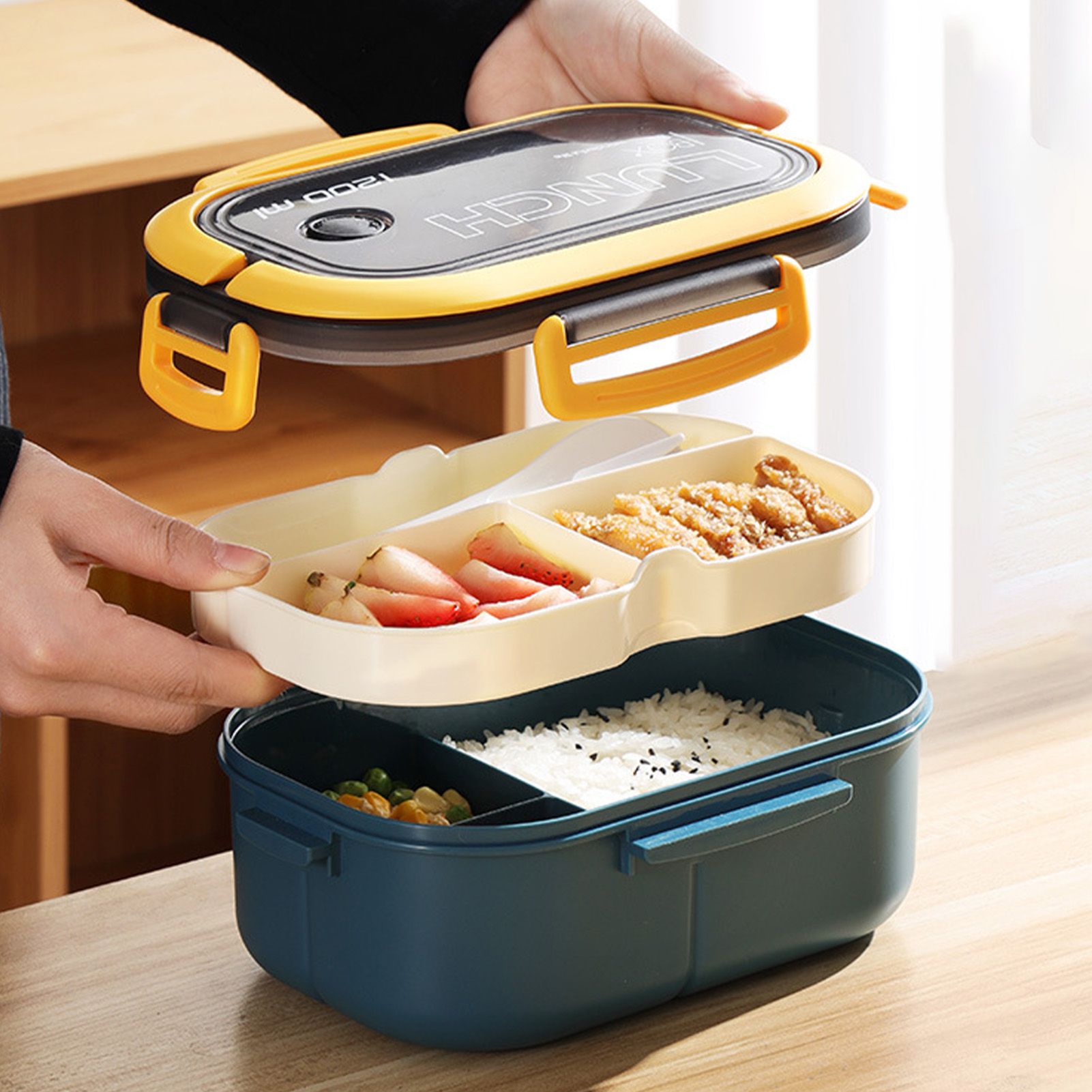 1200ml Bento Lunch Box Double Layer Insulation Lunch Box Container with Fork Spoon for Students Office Workers Blue - Image 6