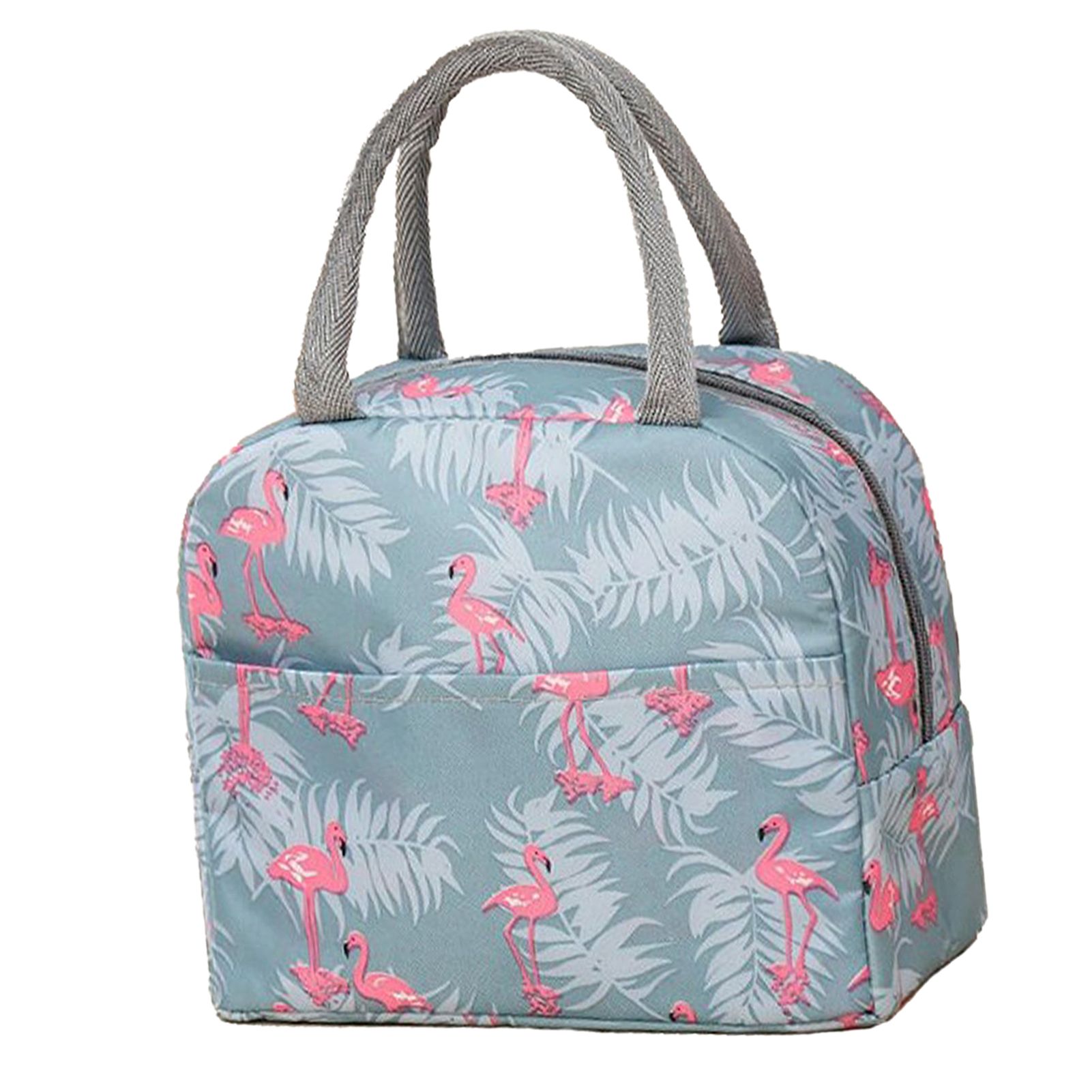 Insulated Lunch Bag Large Capacity Flamingo Pattern Portable Thickened Zipper Lunch Bag for School Work Gray Flamingo - Image 2