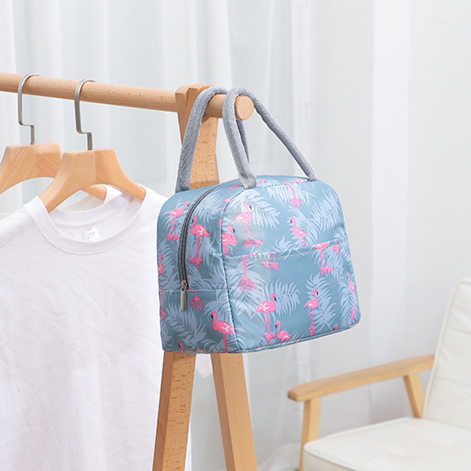 Insulated Lunch Bag Large Capacity Flamingo Pattern Portable Thickened Zipper Lunch Bag for School Work Gray Flamingo - Image 6