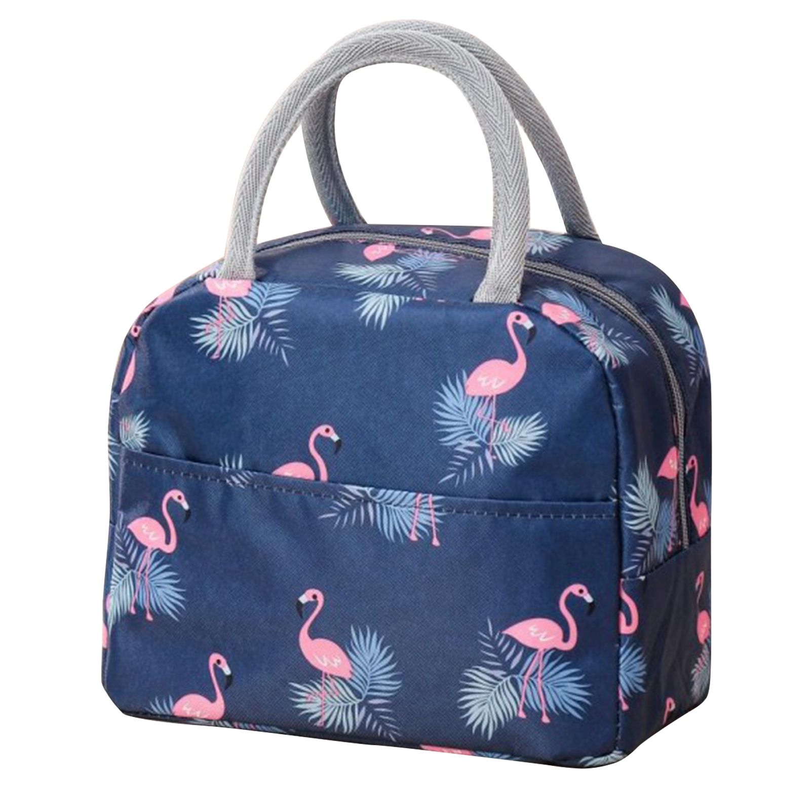 Insulated Lunch Bag Large Capacity Flamingo Pattern Portable Thickened Zipper Lunch Bag for School Work Navy Blue Flamingo - Image 1