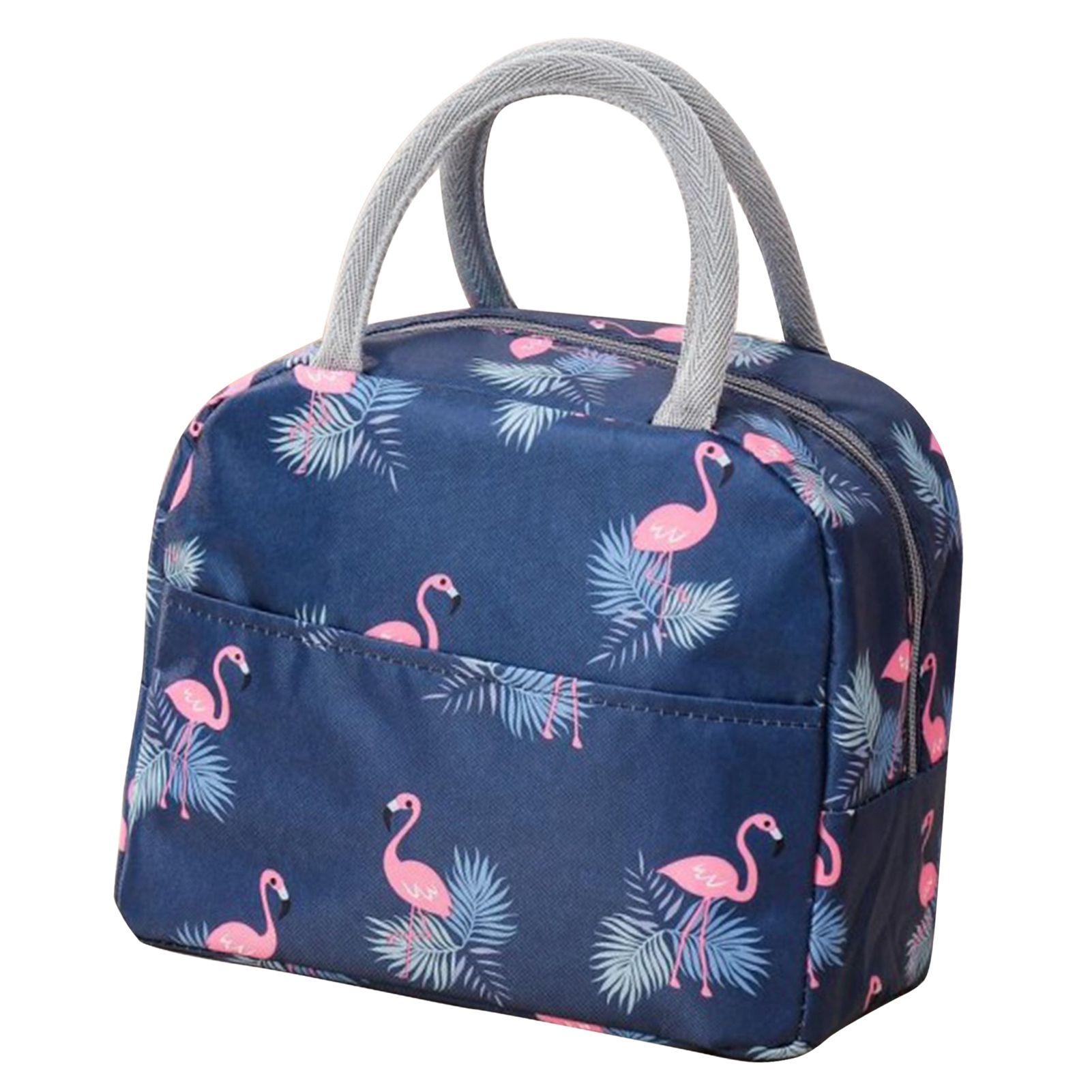 Insulated Lunch Bag Large Capacity Flamingo Pattern Portable Thickened Zipper Lunch Bag for School Work Navy Blue Flamingo - Image 2
