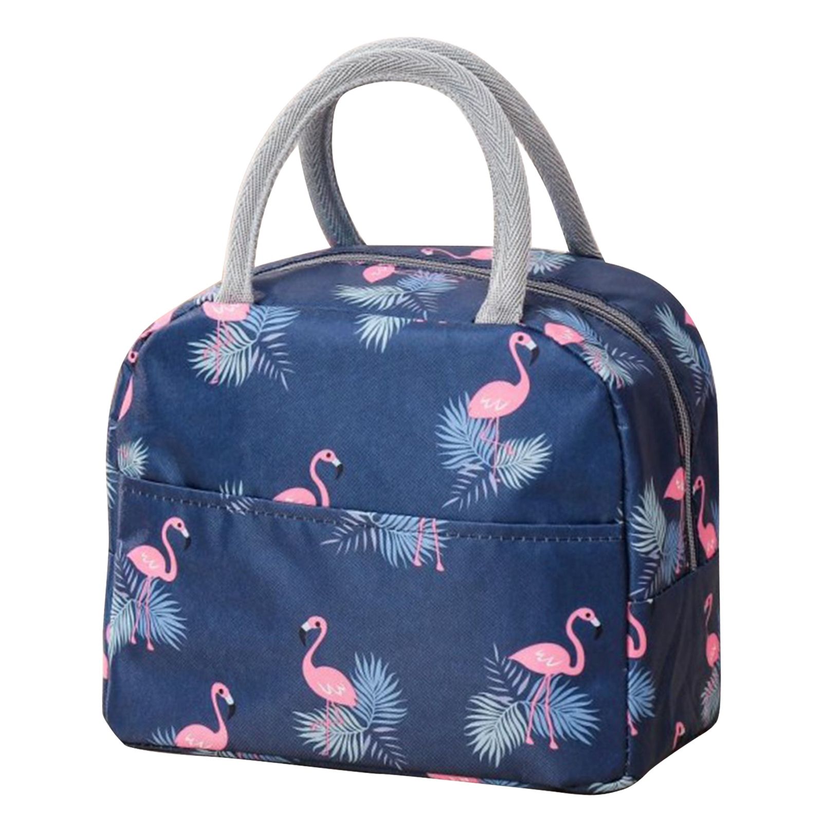 Insulated Lunch Bag Large Capacity Flamingo Pattern Portable Thickened Zipper Lunch Bag for School Work Navy Blue Flamingo - Image 3