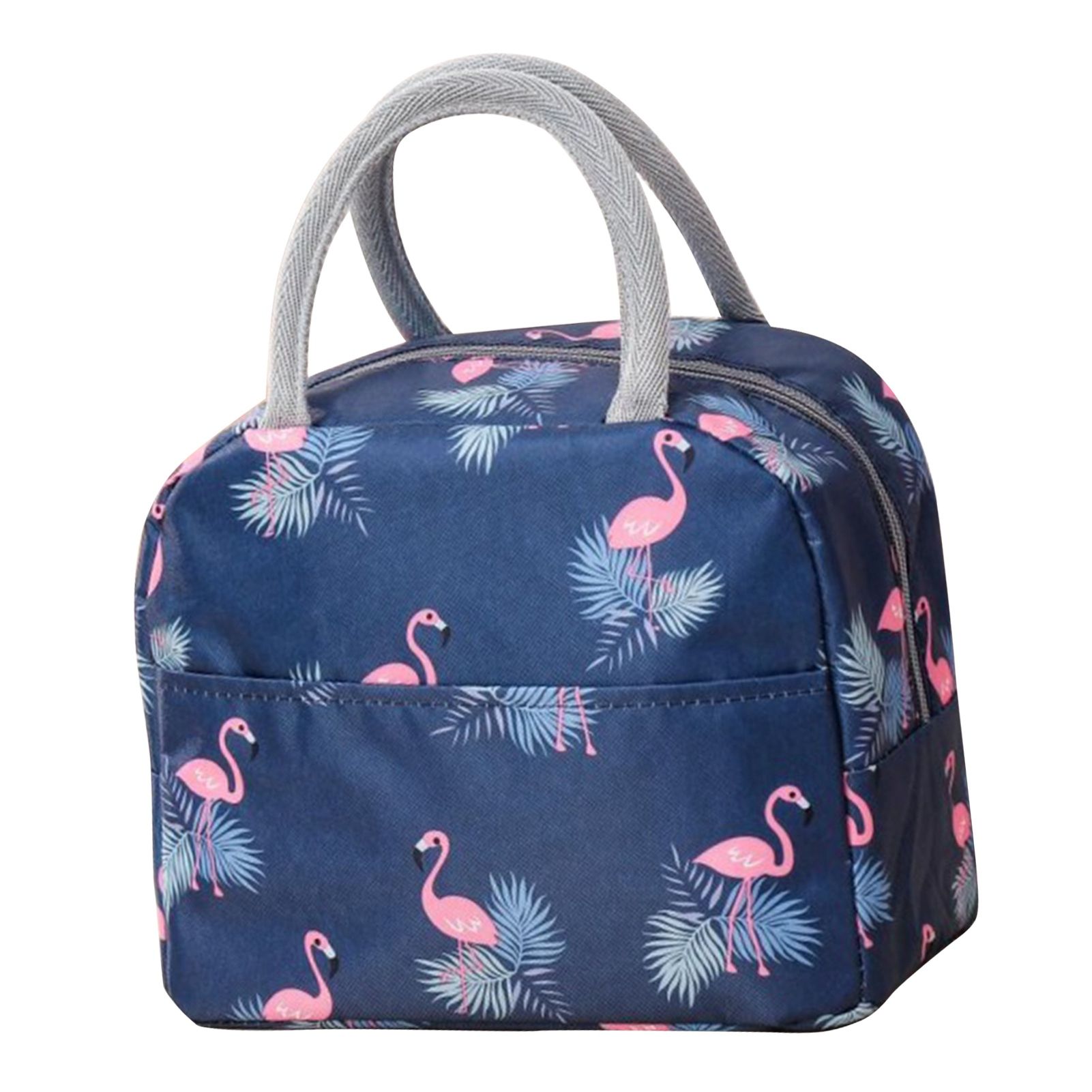 Insulated Lunch Bag Large Capacity Flamingo Pattern Portable Thickened Zipper Lunch Bag for School Work Navy Blue Flamingo - Image 4