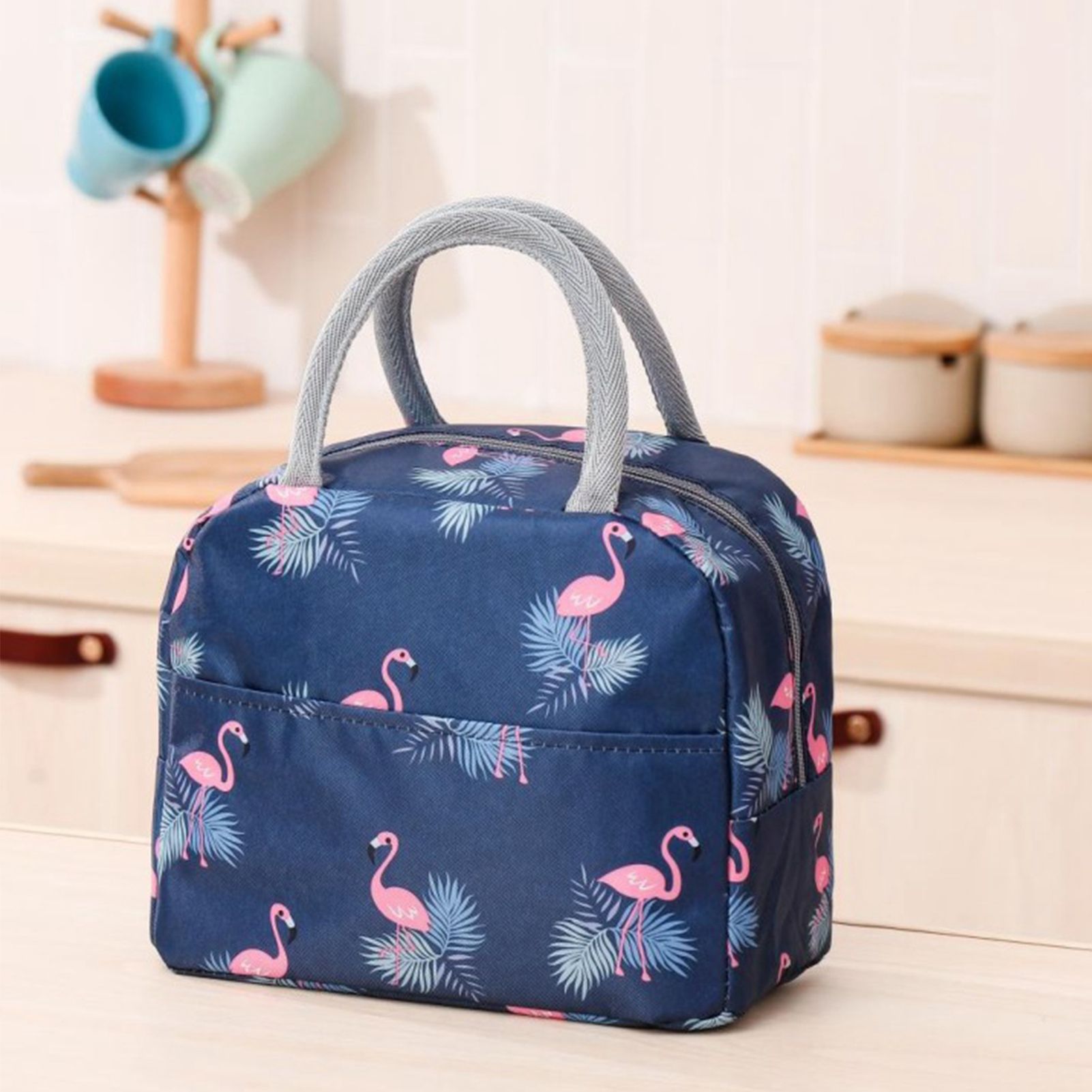 Insulated Lunch Bag Large Capacity Flamingo Pattern Portable Thickened Zipper Lunch Bag for School Work Navy Blue Flamingo - Image 5