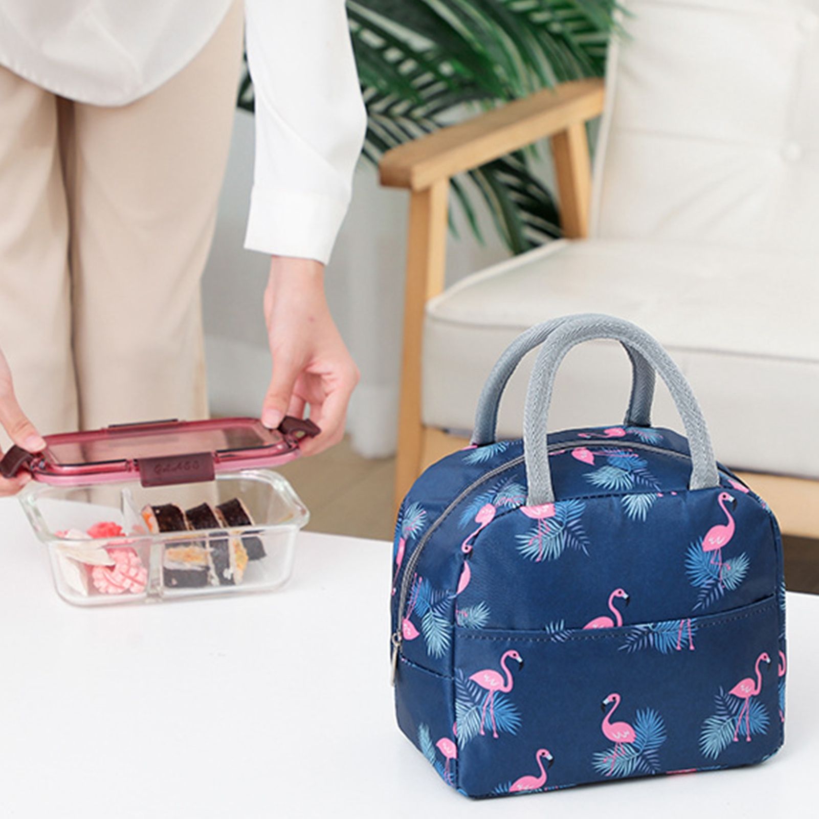 Insulated Lunch Bag Large Capacity Flamingo Pattern Portable Thickened Zipper Lunch Bag for School Work Navy Blue Flamingo - Image 6