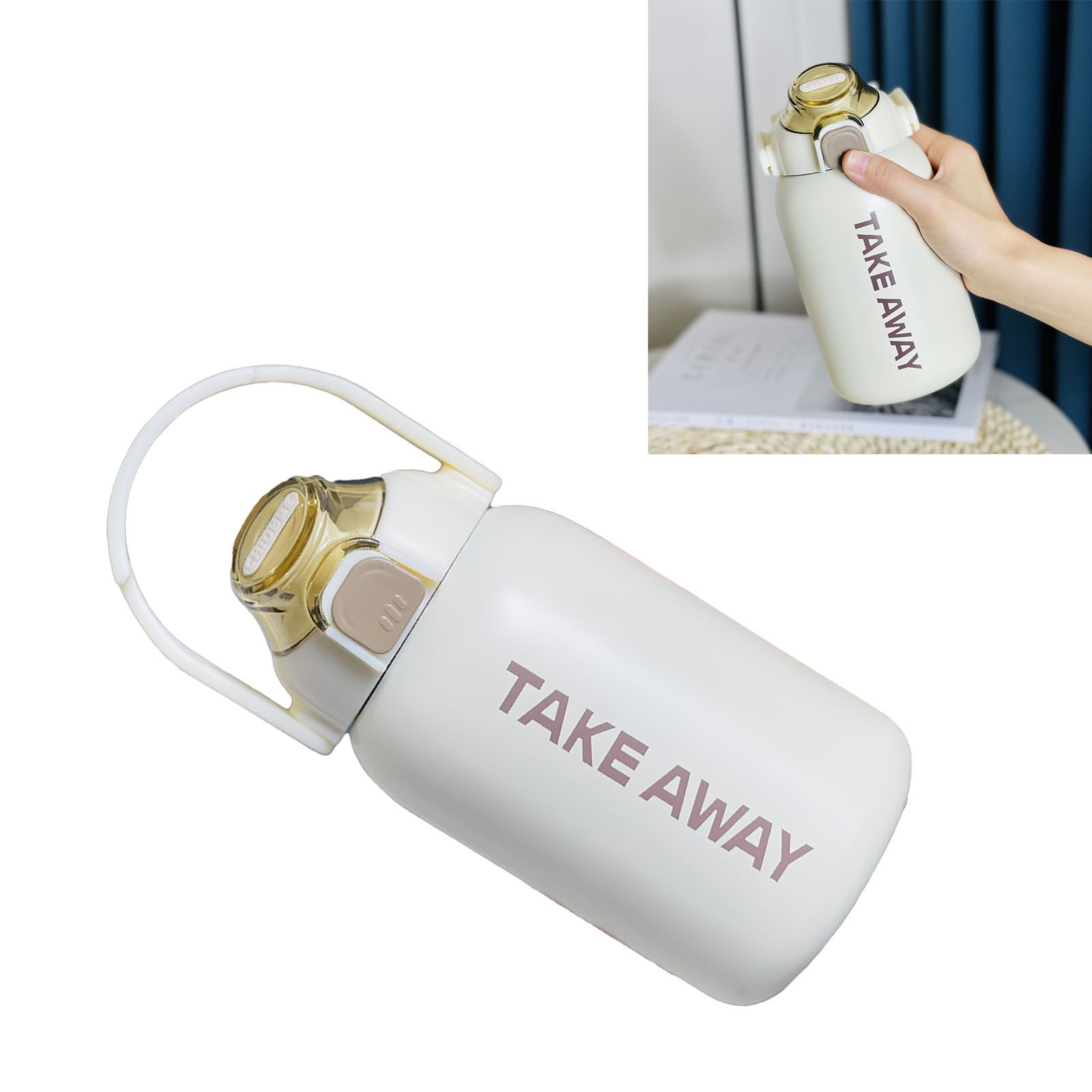 850ml Insulated Water Bottle Large Capacity with Bounce Cap Straw Winter Insulated Cup for Outdoor Beige - Image 6