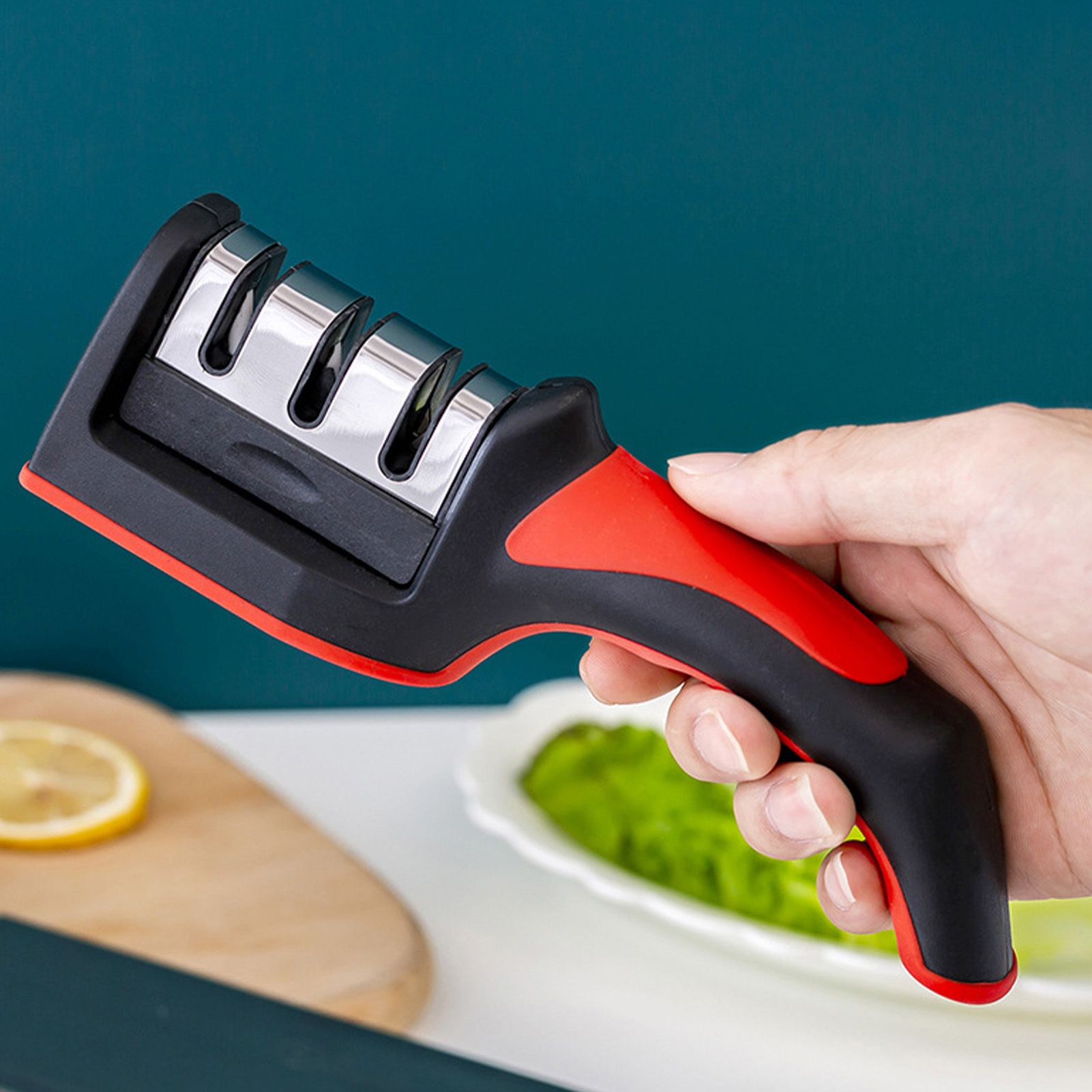 Handheld Knife Sharpening Tool 3 Segments Red and Black Multipurpose Knife Sharpener for Kitchen - Image 5