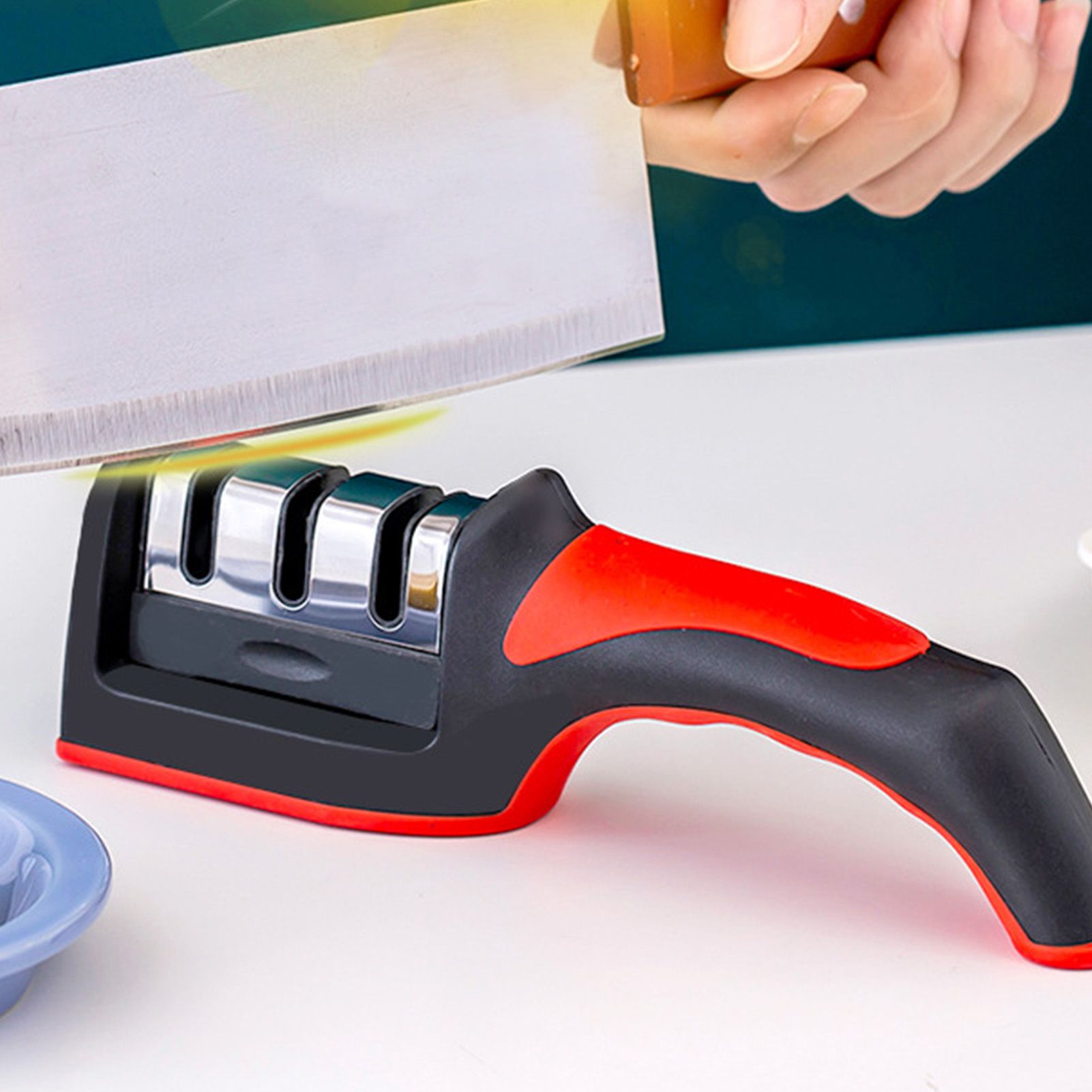 Handheld Knife Sharpening Tool 3 Segments Red and Black Multipurpose Knife Sharpener for Kitchen - Image 6