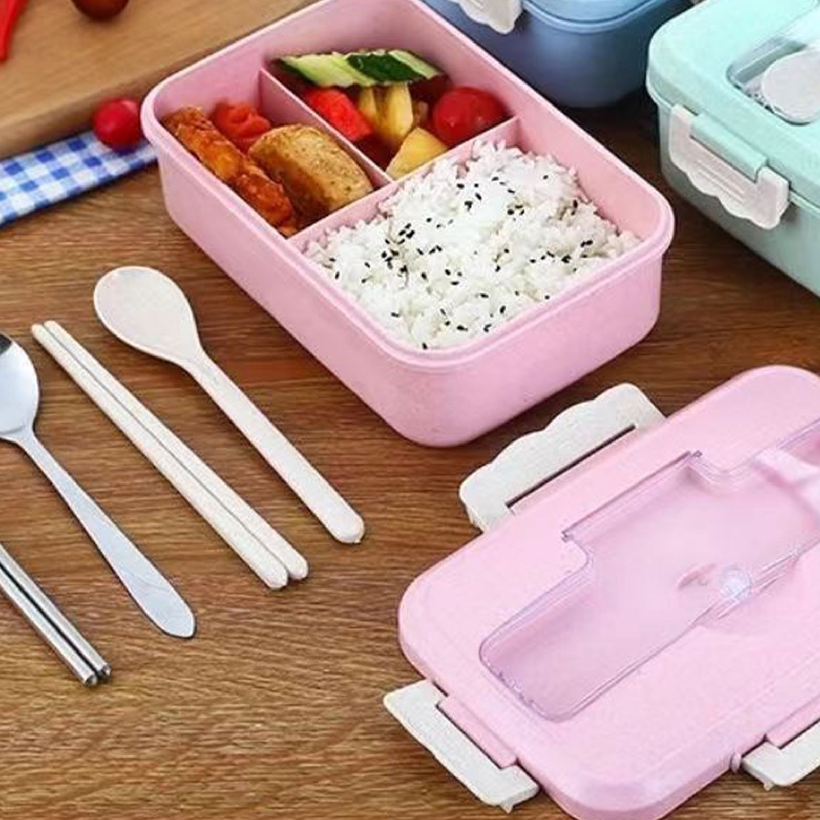 Lunch Box Multi Compartments Environmentally Friendly Portable Bento Box for Student Home School Office Pink - Image 6
