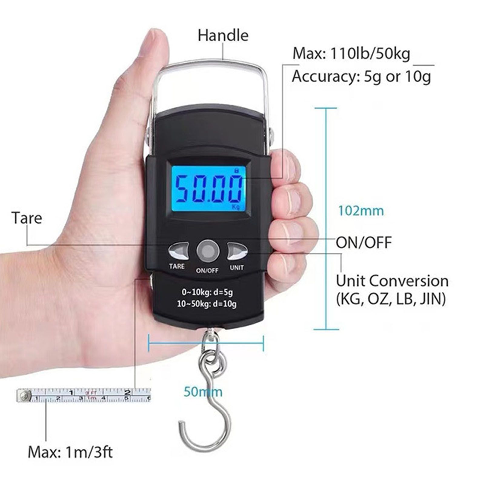 Fishing Scale Portable Compact Clear Display ABS Stainless Steel Convenient Practical Luggage Scale for Outdoor Indoor English (with Tape Measure) 50KG/10G - Image 6