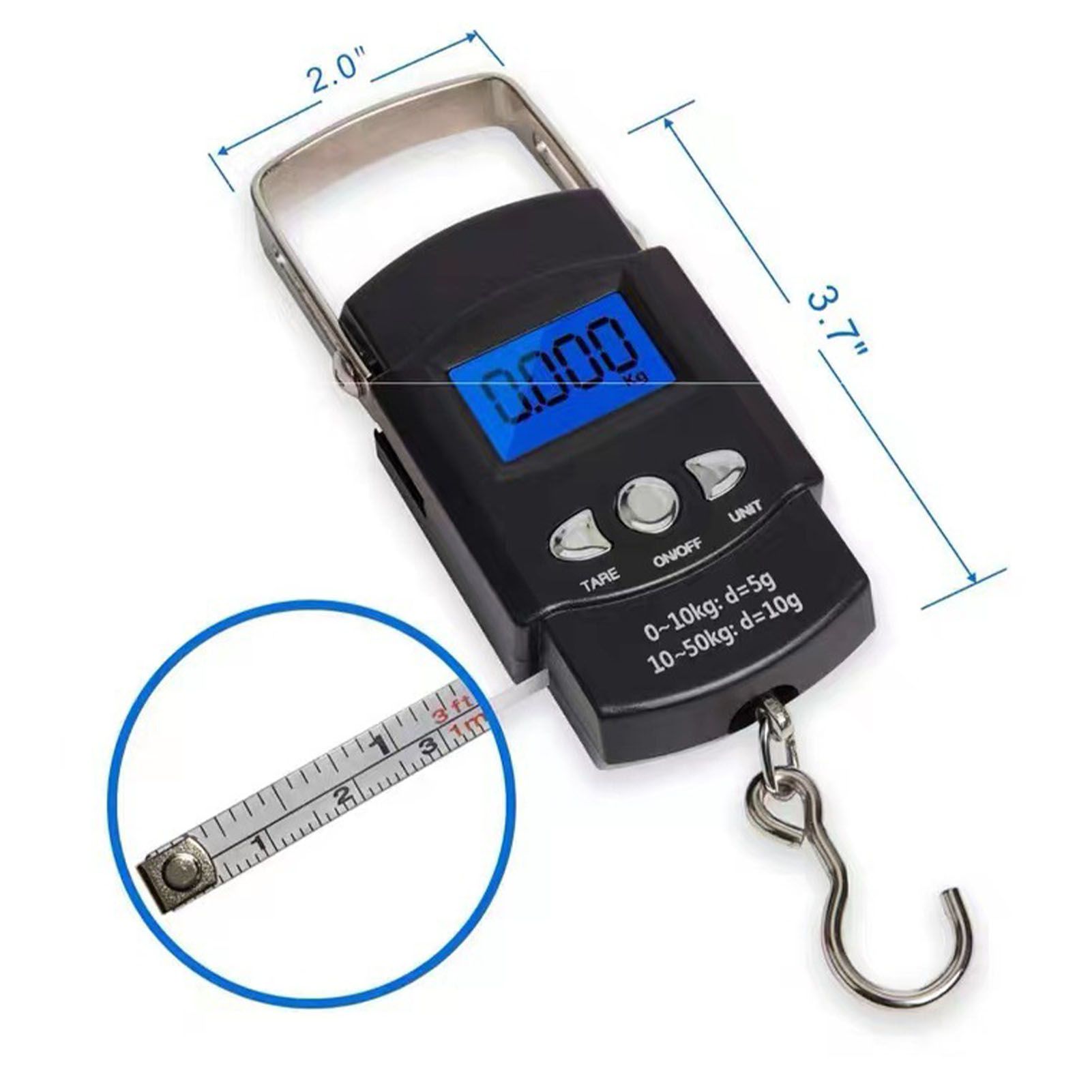 Fishing Scale Portable Compact Clear Display ABS Stainless Steel Convenient Practical Luggage Scale for Outdoor Indoor English (with Tape Measure) 50KG/10G - Image 7