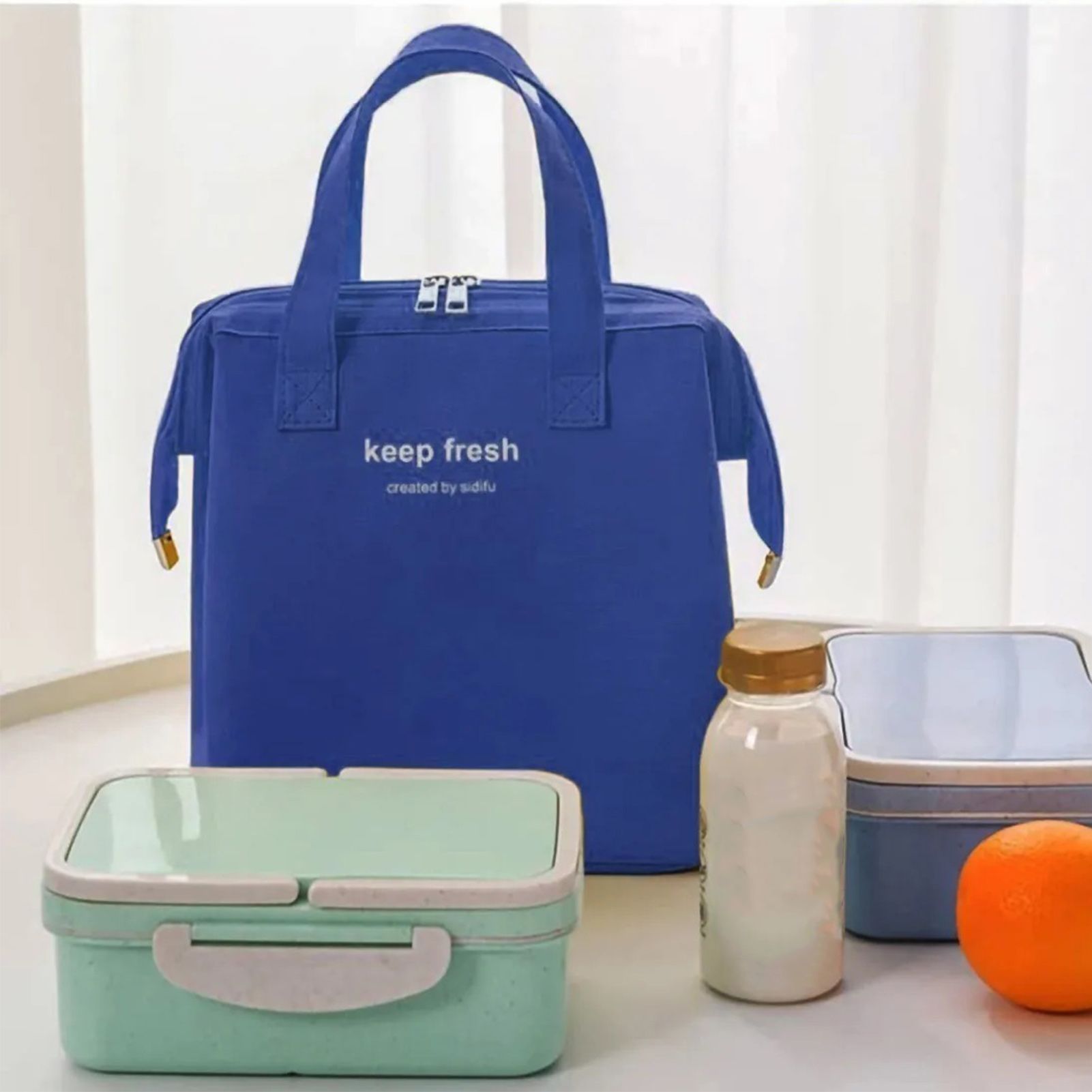 Insulated Lunch Bag Solid Color Oxford Cloth Waterproof Metal Zipper Portable Lunchbox for Commuting Royalblue - Image 5