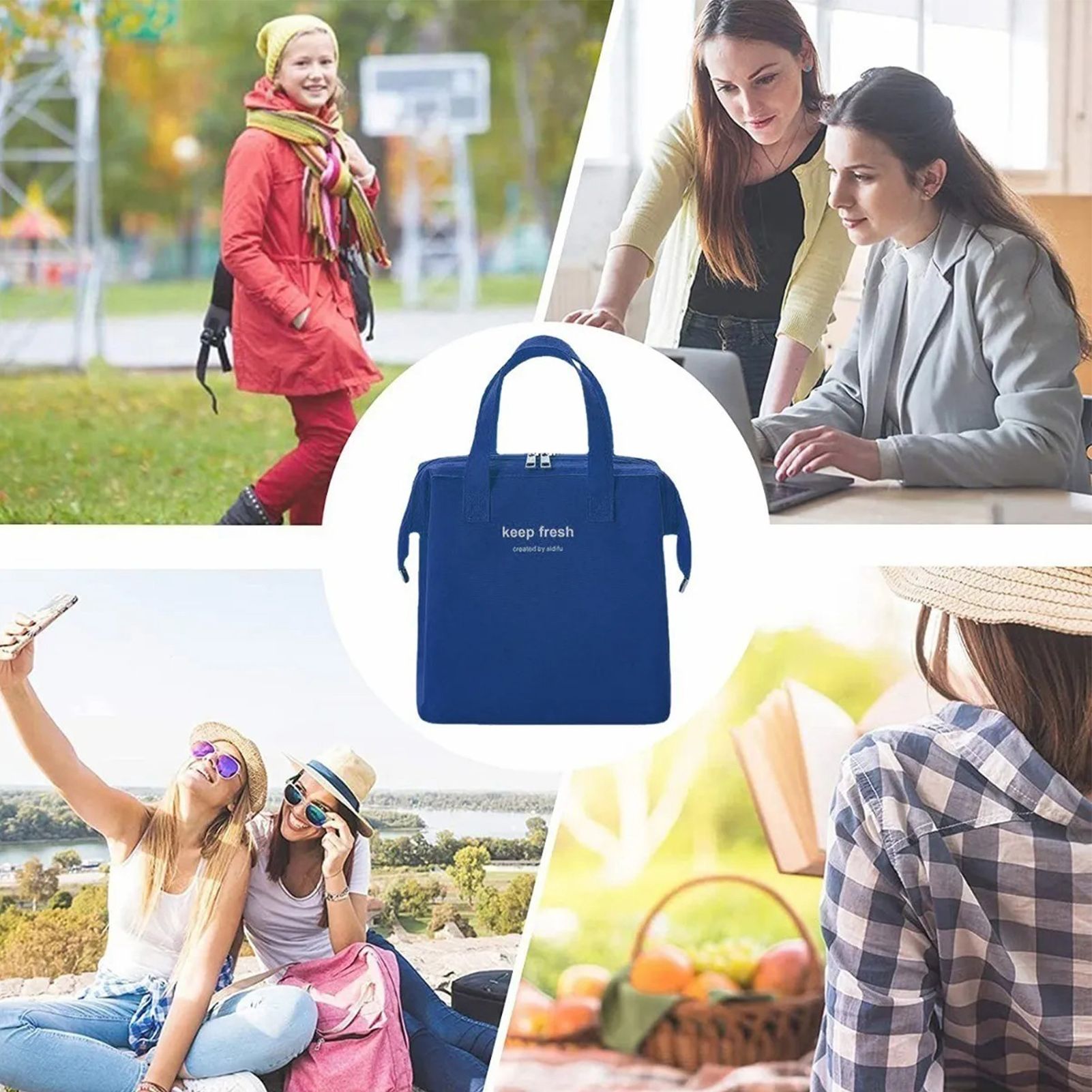 Insulated Lunch Bag Solid Color Oxford Cloth Waterproof Metal Zipper Portable Lunchbox for Commuting Royalblue - Image 6