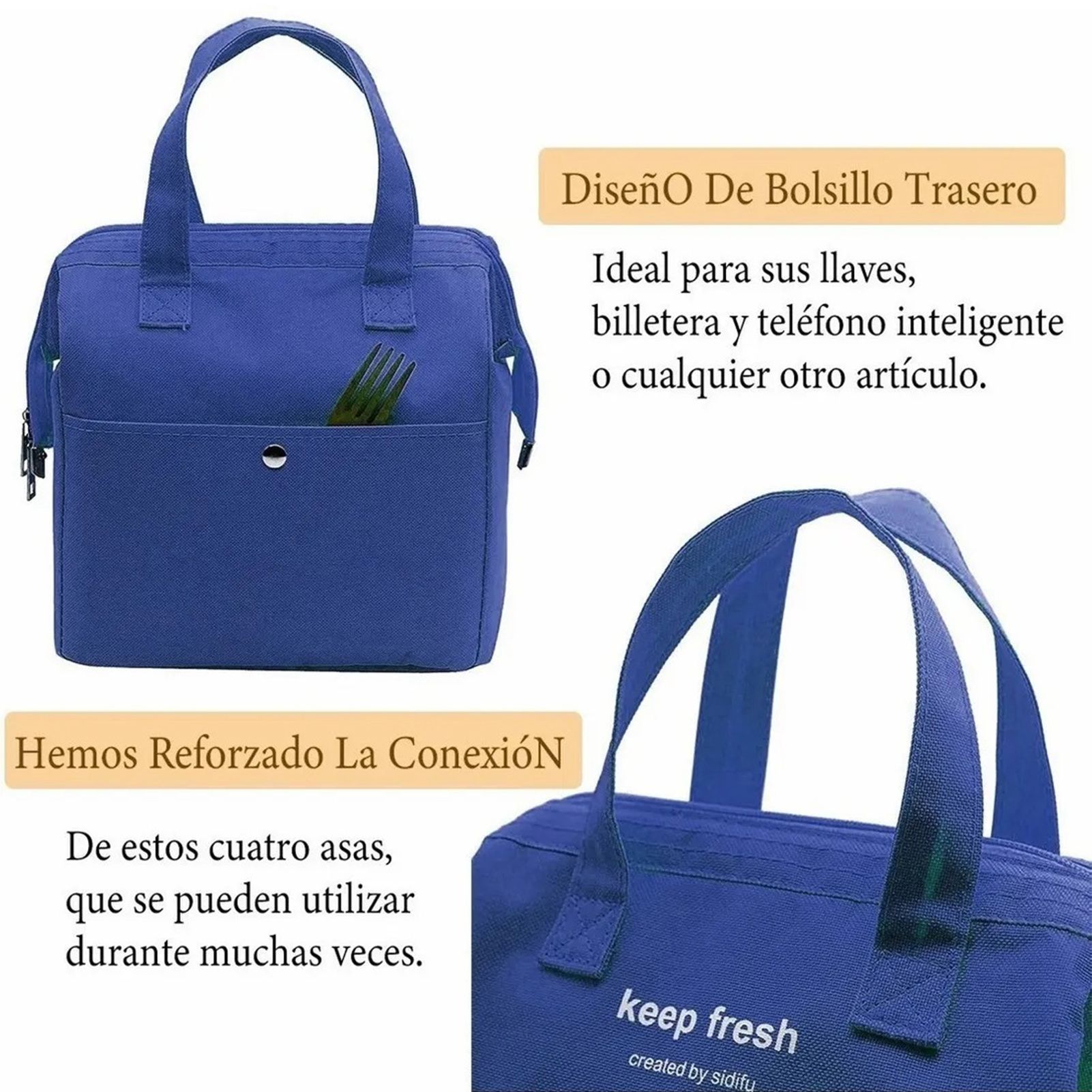 Insulated Lunch Bag Solid Color Oxford Cloth Waterproof Metal Zipper Portable Lunchbox for Commuting Royalblue - Image 8
