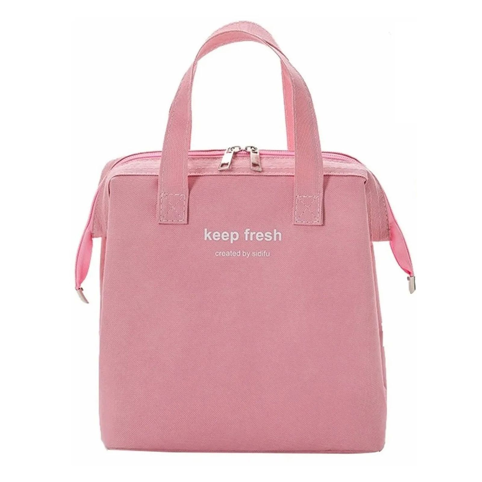 Insulated Lunch Bag Solid Color Oxford Cloth Waterproof Metal Zipper Portable Lunchbox for Commuting Pink - Image 1