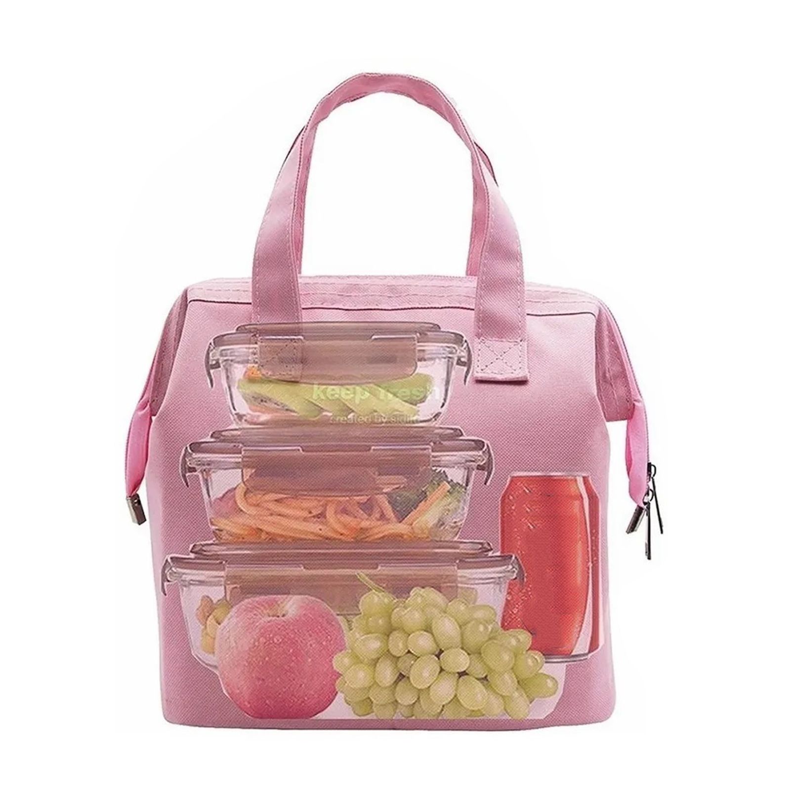 Insulated Lunch Bag Solid Color Oxford Cloth Waterproof Metal Zipper Portable Lunchbox for Commuting Pink - Image 5