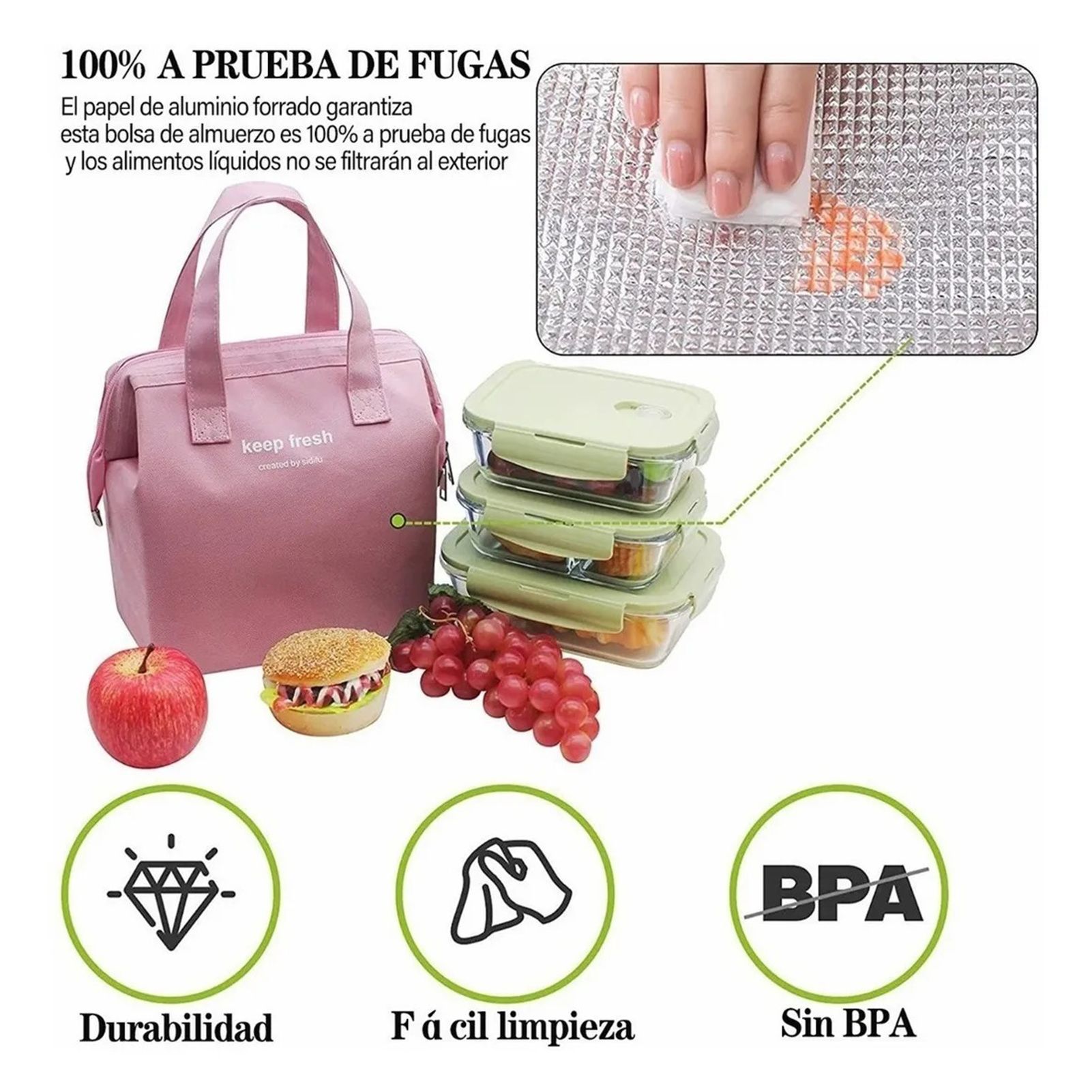Insulated Lunch Bag Solid Color Oxford Cloth Waterproof Metal Zipper Portable Lunchbox for Commuting Pink - Image 7
