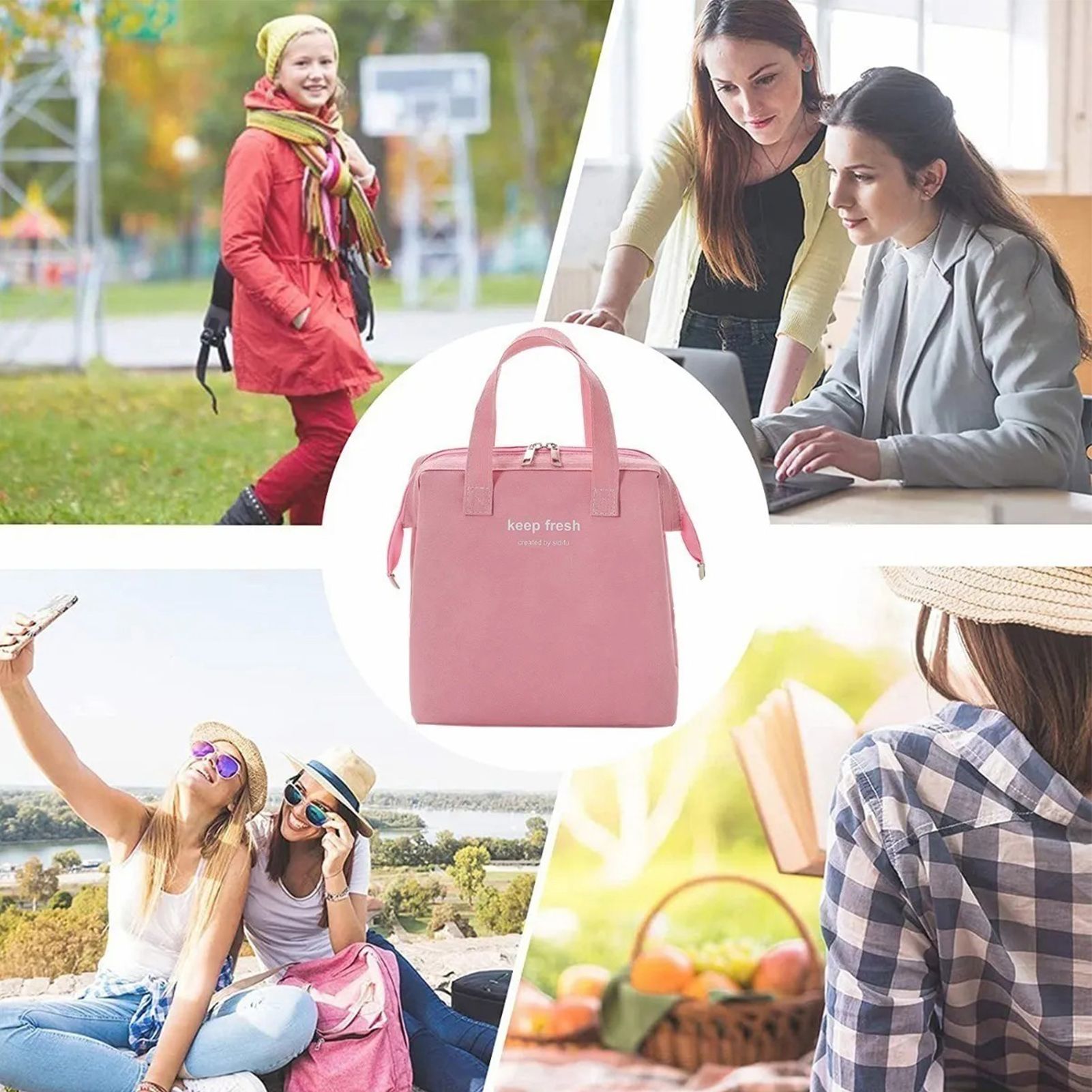 Insulated Lunch Bag Solid Color Oxford Cloth Waterproof Metal Zipper Portable Lunchbox for Commuting Pink - Image 8