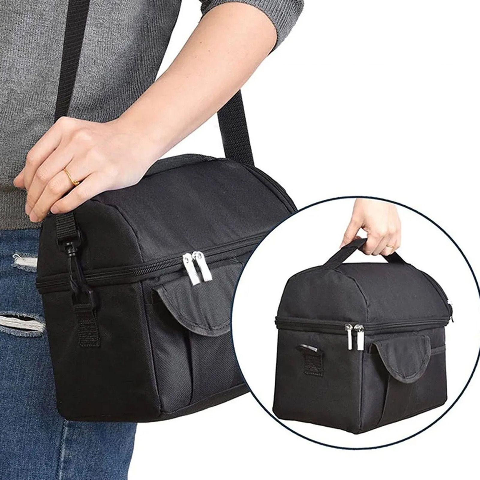 Cooler Bags Insulated Double Layer Large Capacity Oxford Cloth Washable Foldable Heat Insulation Lunch Bag for Office Black - Image 5