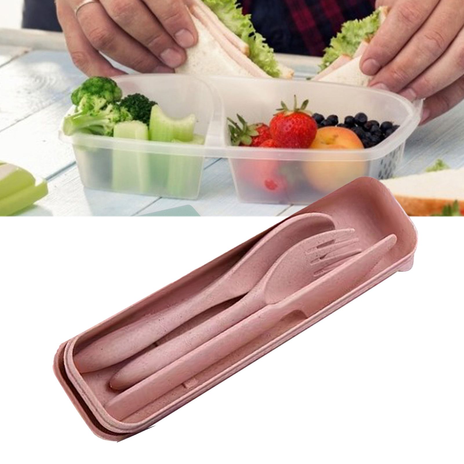 Wheat Straw Cutlery Set Modern Portable Fork Spoon Knife Tableware with Box for Office School Picnic Pink - Image 5