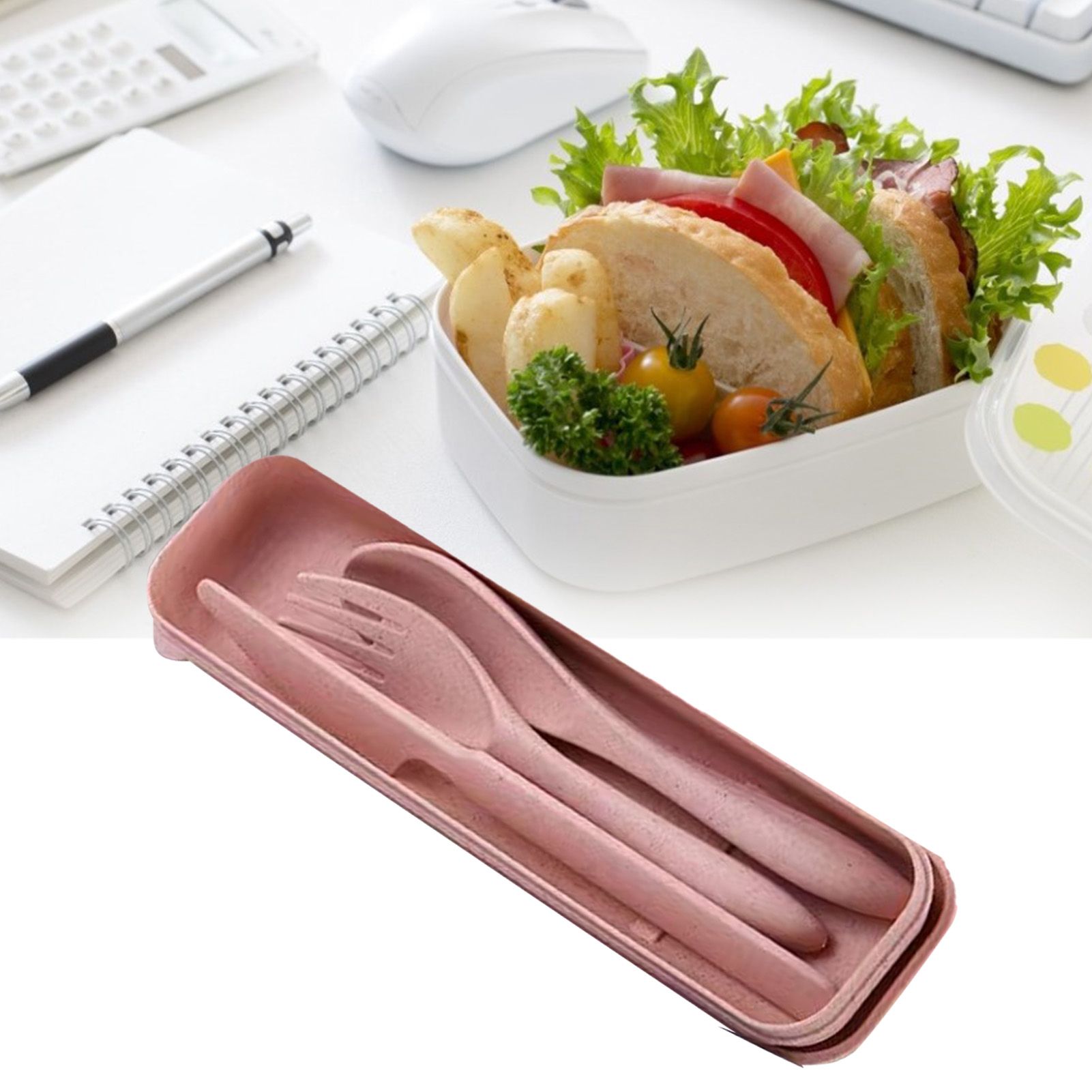 Wheat Straw Cutlery Set Modern Portable Fork Spoon Knife Tableware with Box for Office School Picnic Pink - Image 6