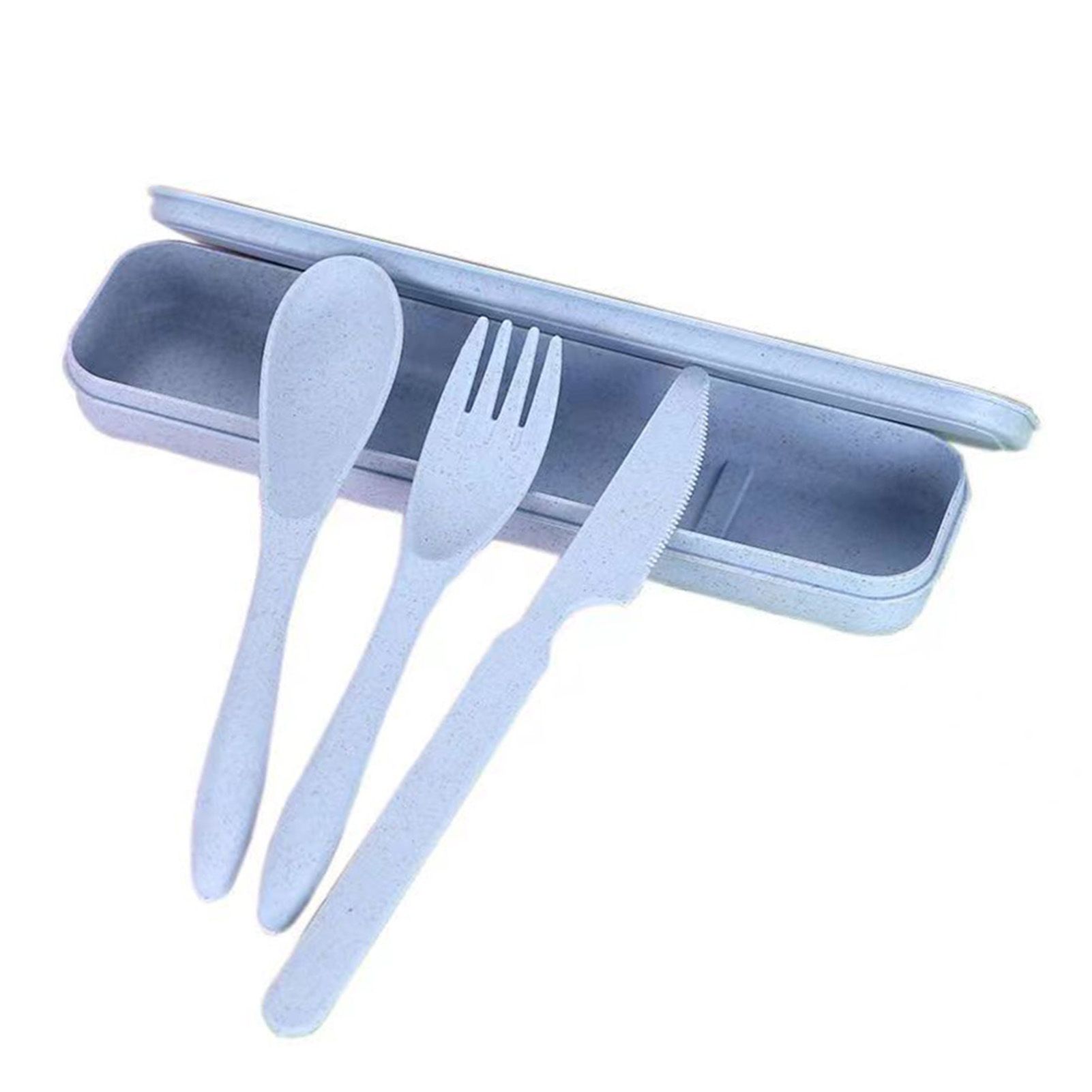 Wheat Straw Cutlery Set Modern Portable Fork Spoon Knife Tableware with Box for Office School Picnic Blue - Image 1
