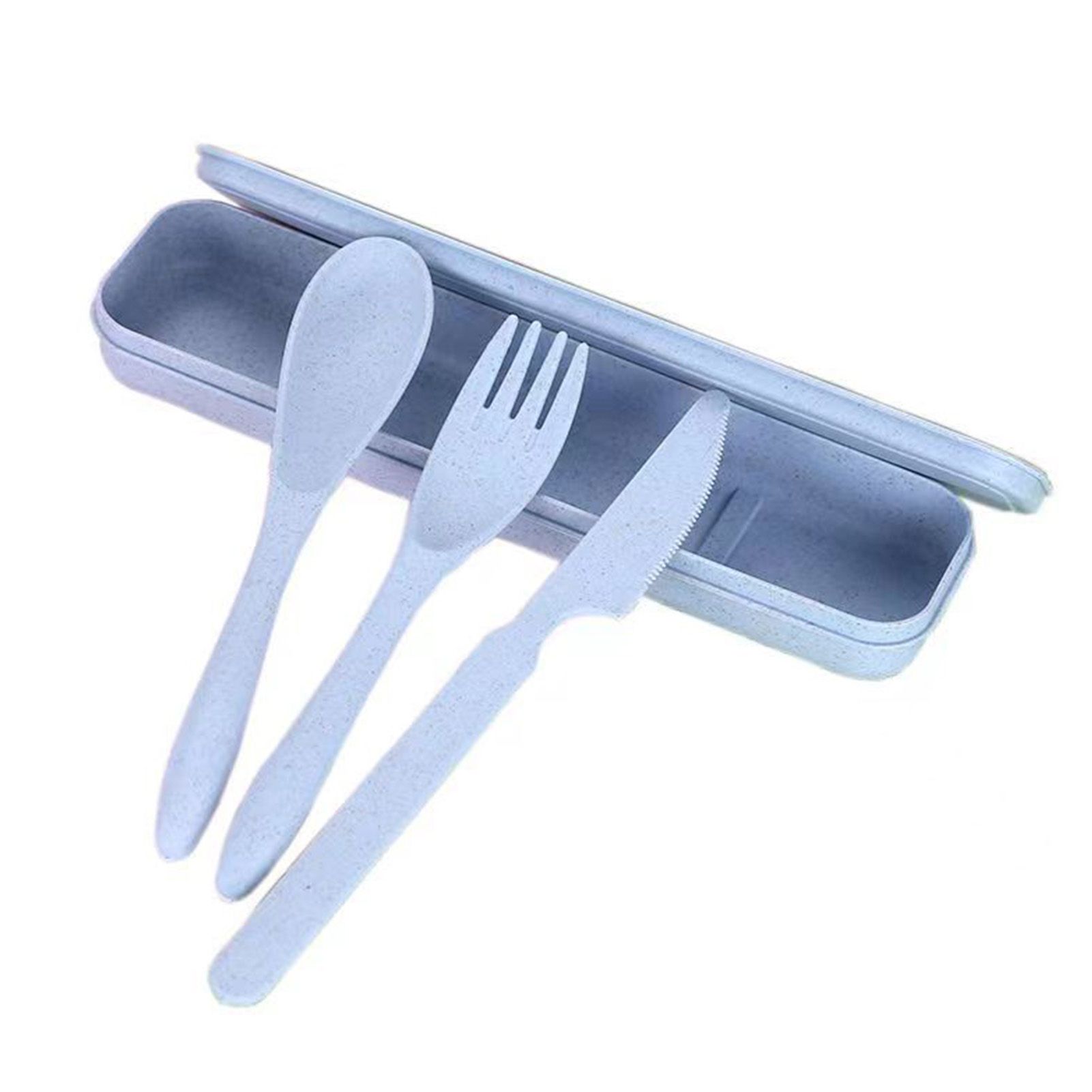 Wheat Straw Cutlery Set Modern Portable Fork Spoon Knife Tableware with Box for Office School Picnic Blue - Image 2
