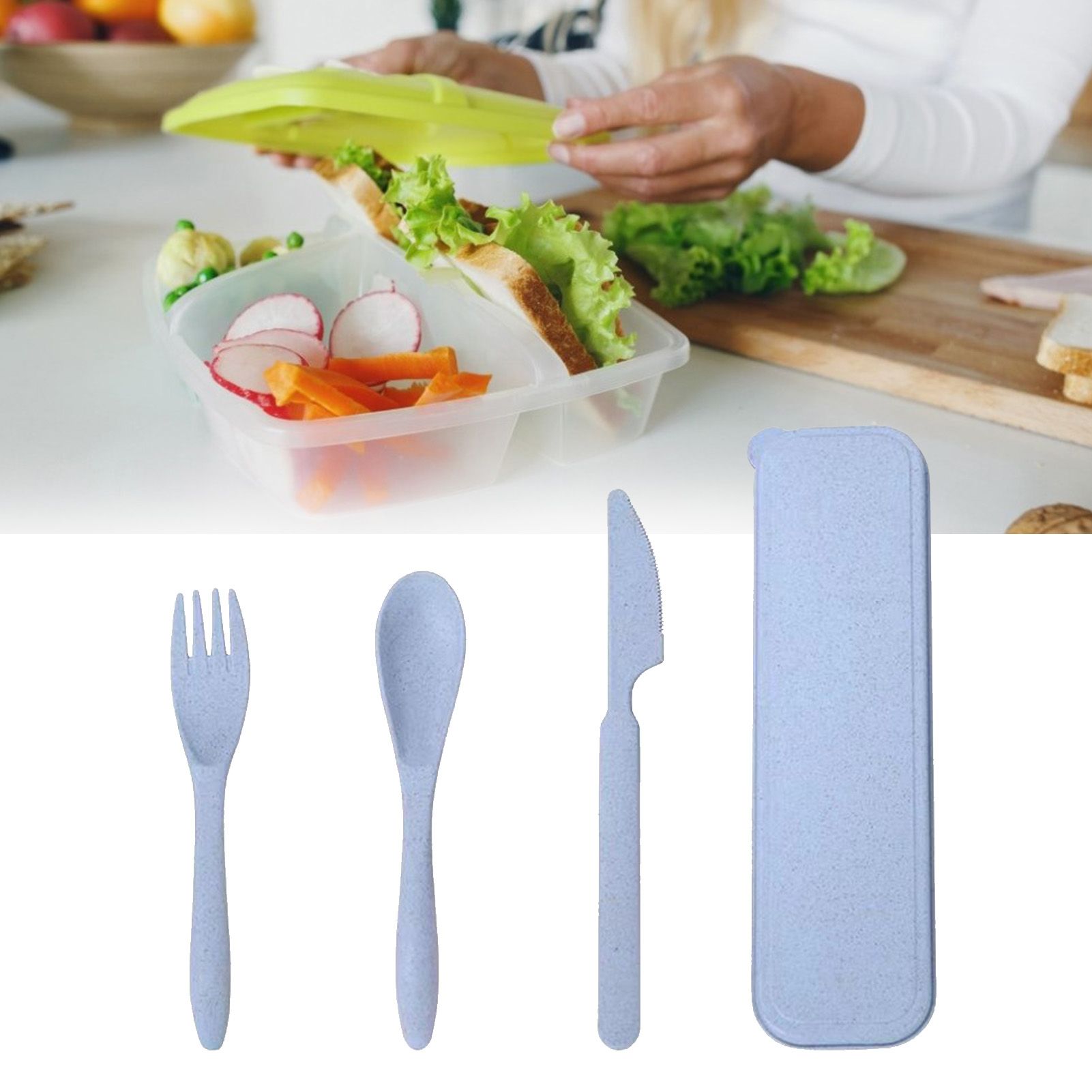 Wheat Straw Cutlery Set Modern Portable Fork Spoon Knife Tableware with Box for Office School Picnic Blue - Image 5