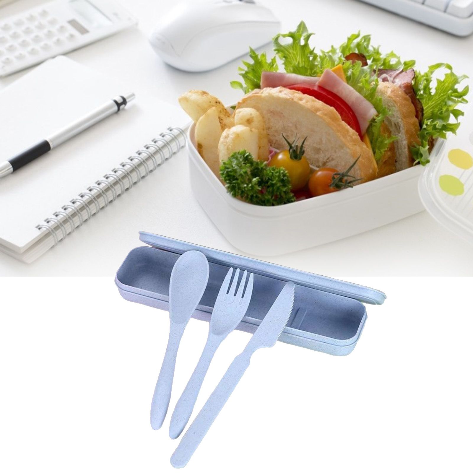 Wheat Straw Cutlery Set Modern Portable Fork Spoon Knife Tableware with Box for Office School Picnic Blue - Image 6