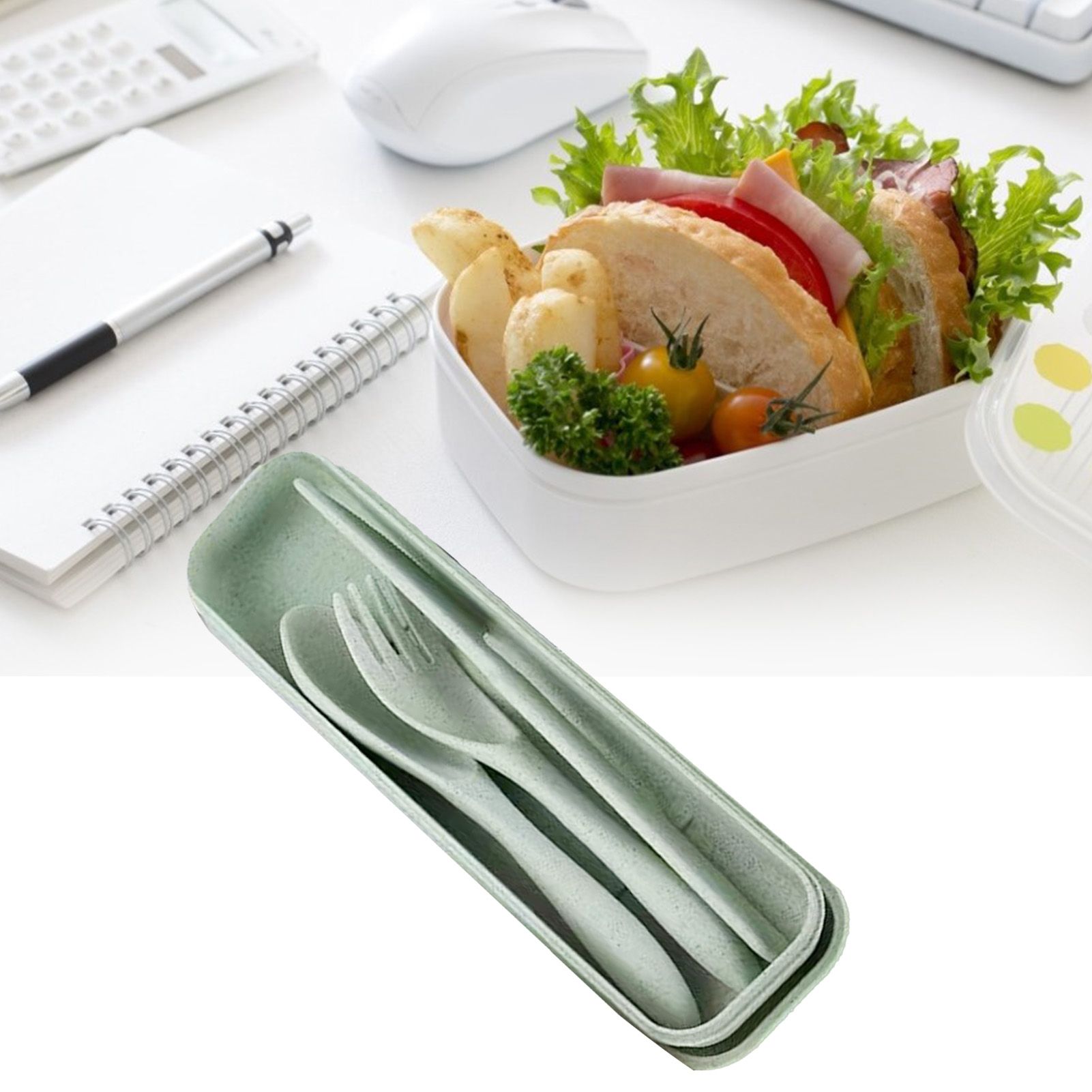 Wheat Straw Cutlery Set Modern Portable Fork Spoon Knife Tableware with Box for Office School Picnic Green - Image 5