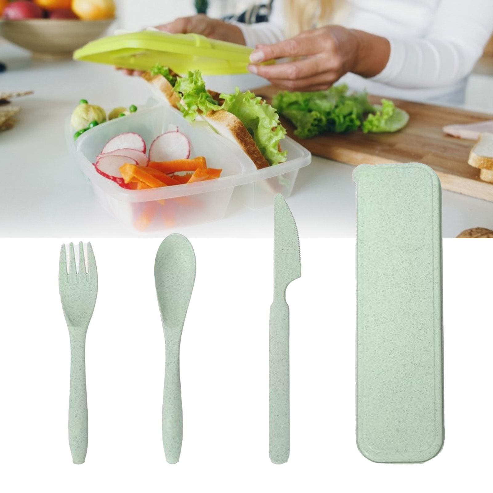 Wheat Straw Cutlery Set Modern Portable Fork Spoon Knife Tableware with Box for Office School Picnic Green - Image 6